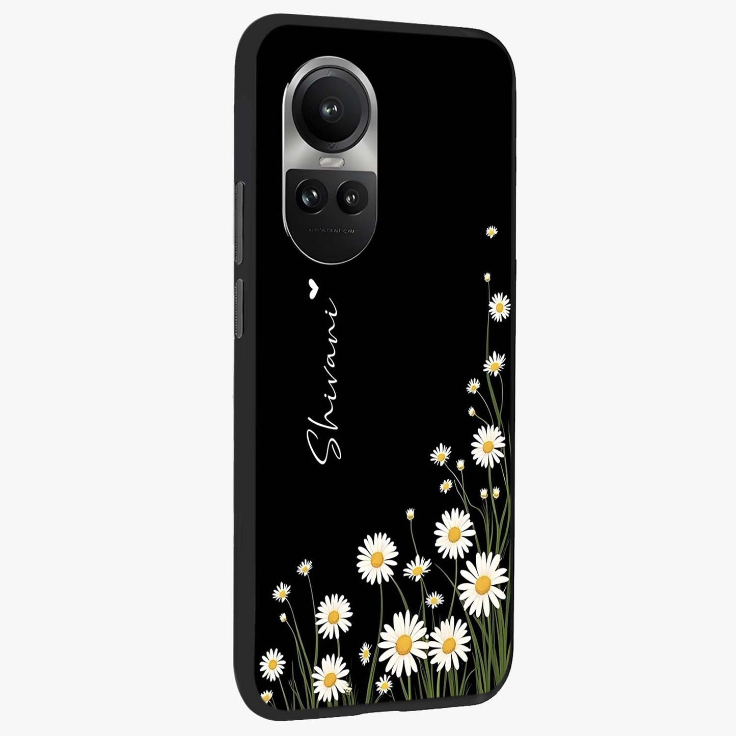 Daisy Cascade Custom Name Glass Case upright view showcasing elegant floral cascade design with personalized aesthetic.