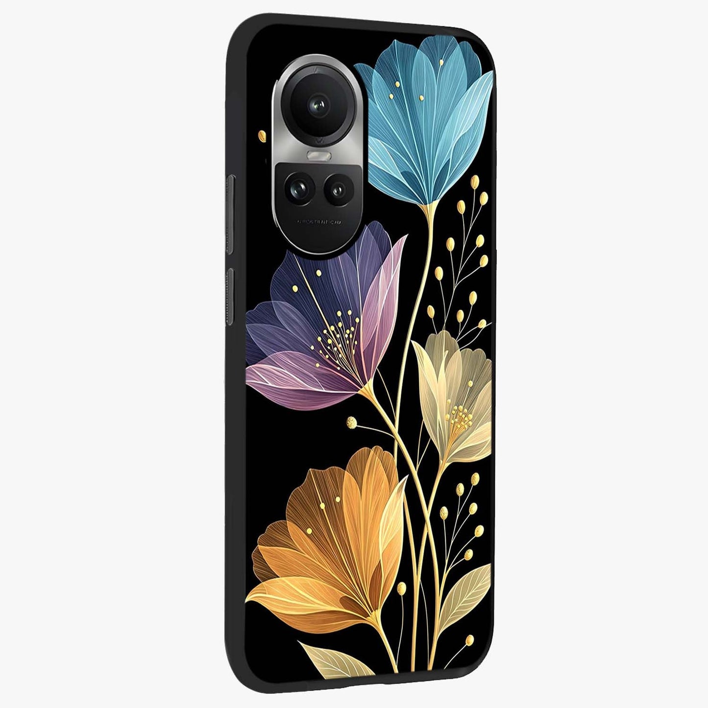 Delicate Multicolor Flowers Glass Case upright view showcasing delicate floral artwork with bright botanical theme.