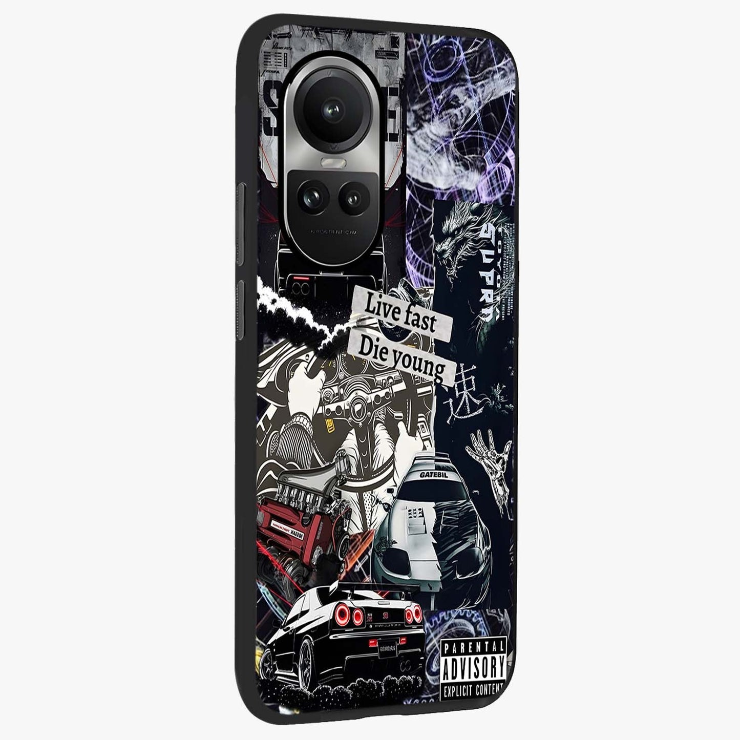 Die Young Glass Case upright view showcasing striking typography artwork with modern statement theme.