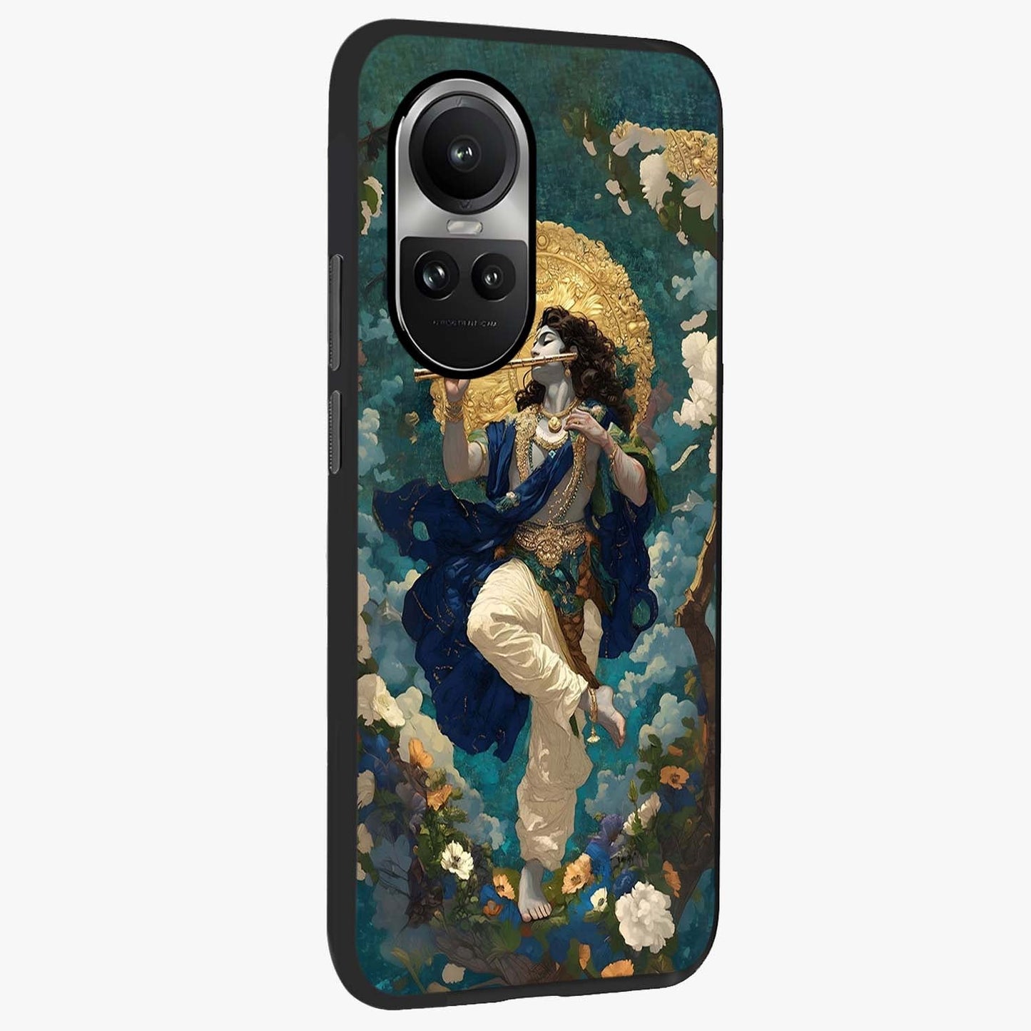 Divine Krishna Art Glass Case upright view showcasing divine Krishna artwork with sacred artistic theme.