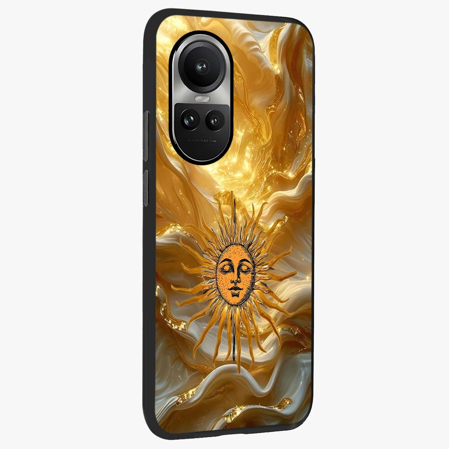 Eternal Golden Glow Glass Case upright view showcasing luminous golden artwork with luxurious visual theme.