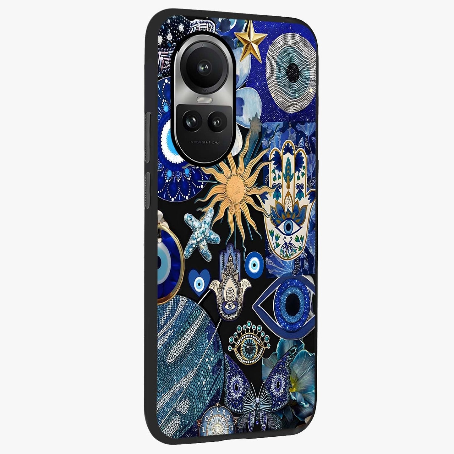 Evil Eye Charm Mix Glass Case upright view showcasing mystical evil eye pattern with vibrant decorative style.