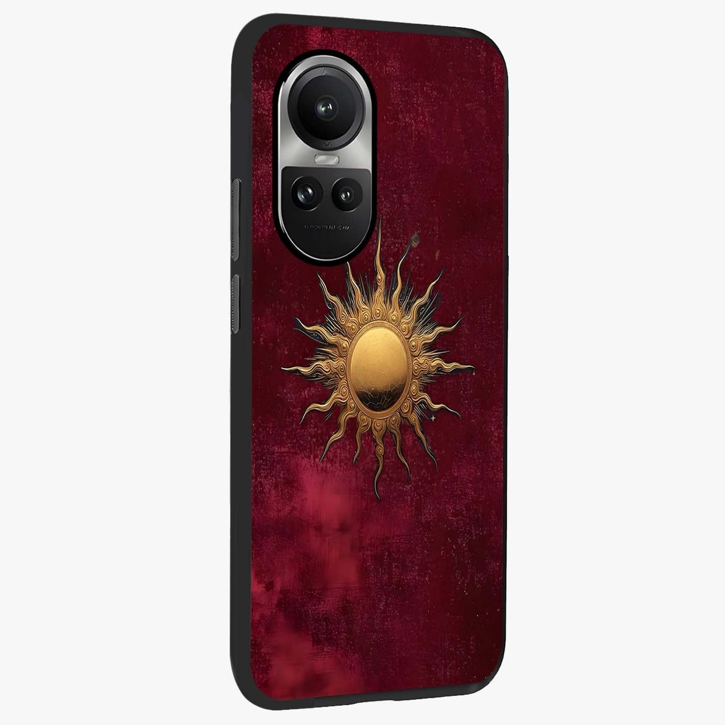 Golden Sun Minimalism Glass Case upright view showcasing simple golden sun artwork with elegant minimalist style.