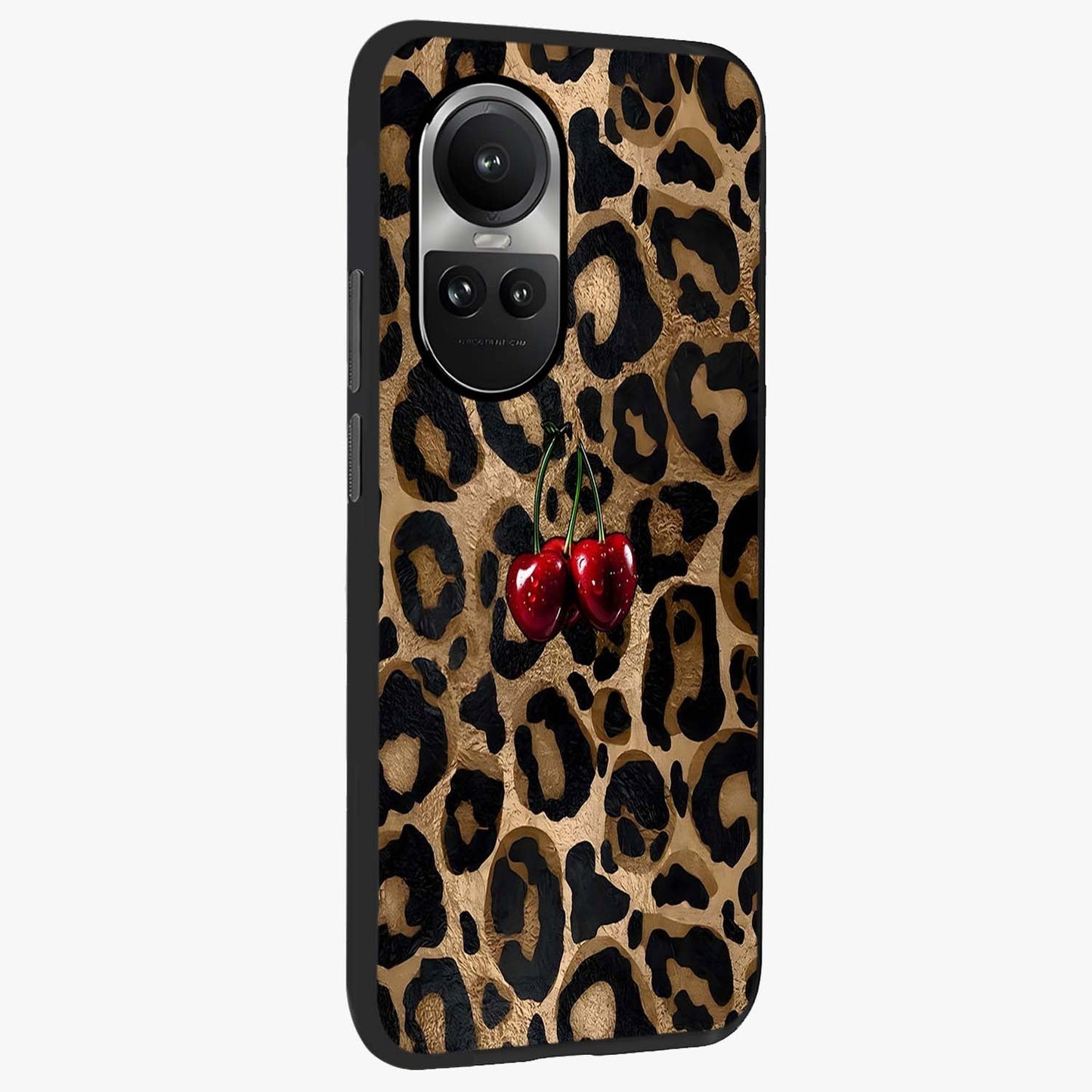 Leopard Wild Cherry Glass Case upright view showcasing stylish leopard pattern artwork with trendy fashion theme.