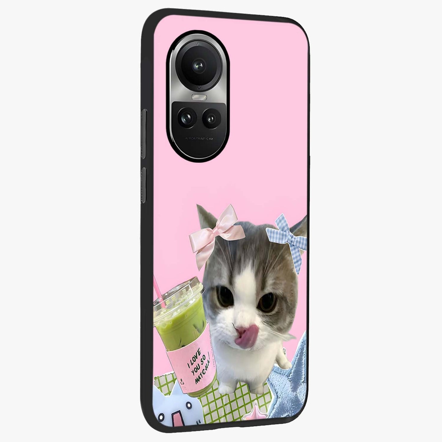 Love Matcha Cat Glass Case upright view showcasing adorable cat artwork with charming matcha themed design.