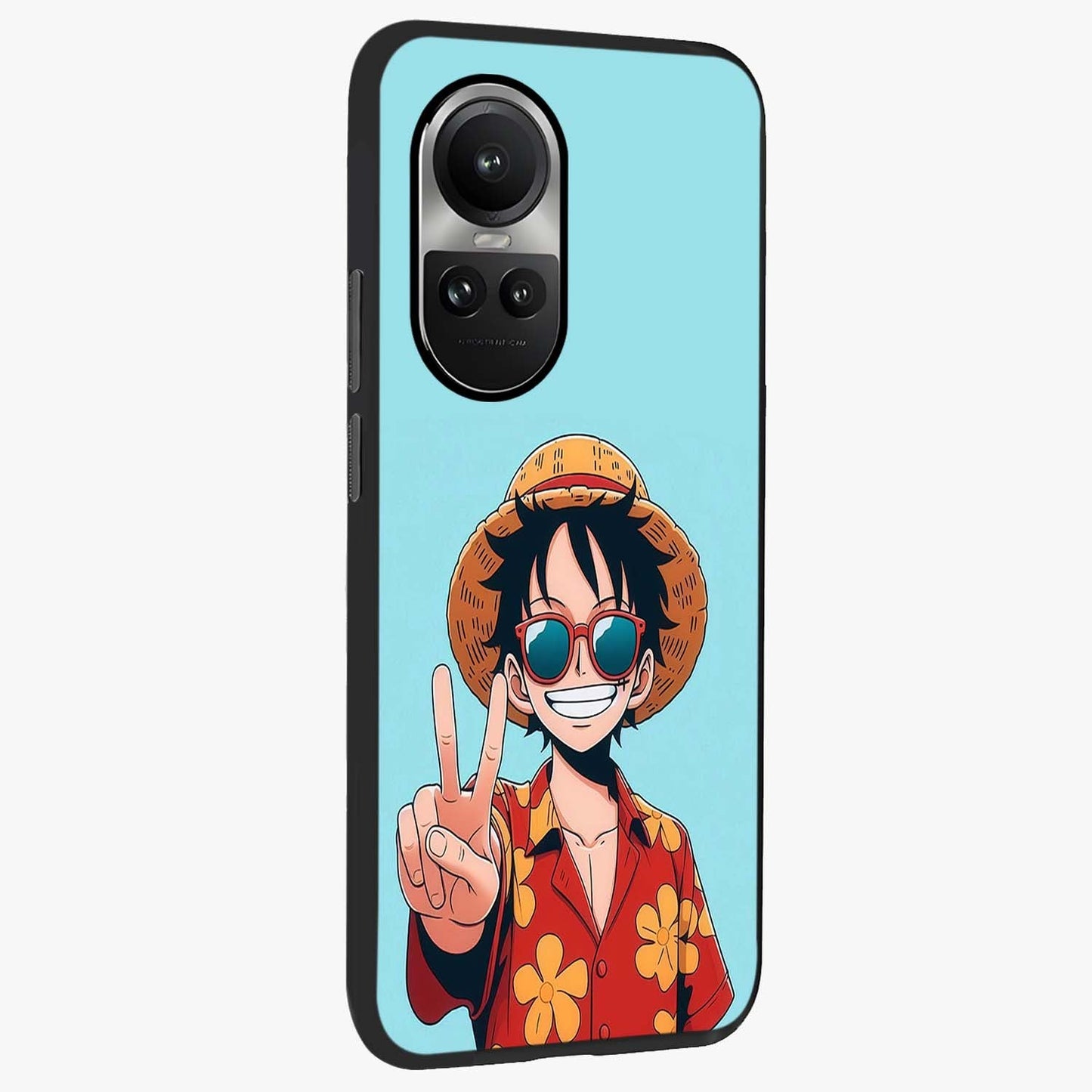 Luffy Summer Anime Vibe Glass Case upright view showcasing dynamic anime artwork with bright adventurous theme.