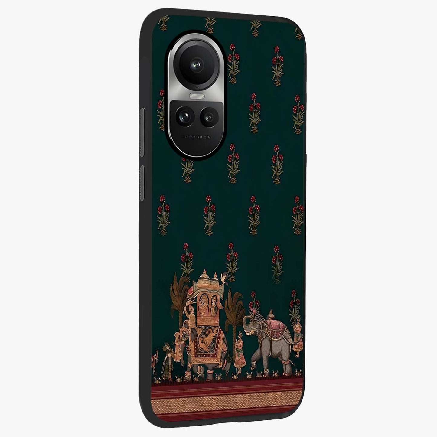 Macmerise Glass Case upright view showcasing bold artistic artwork with contemporary design theme.