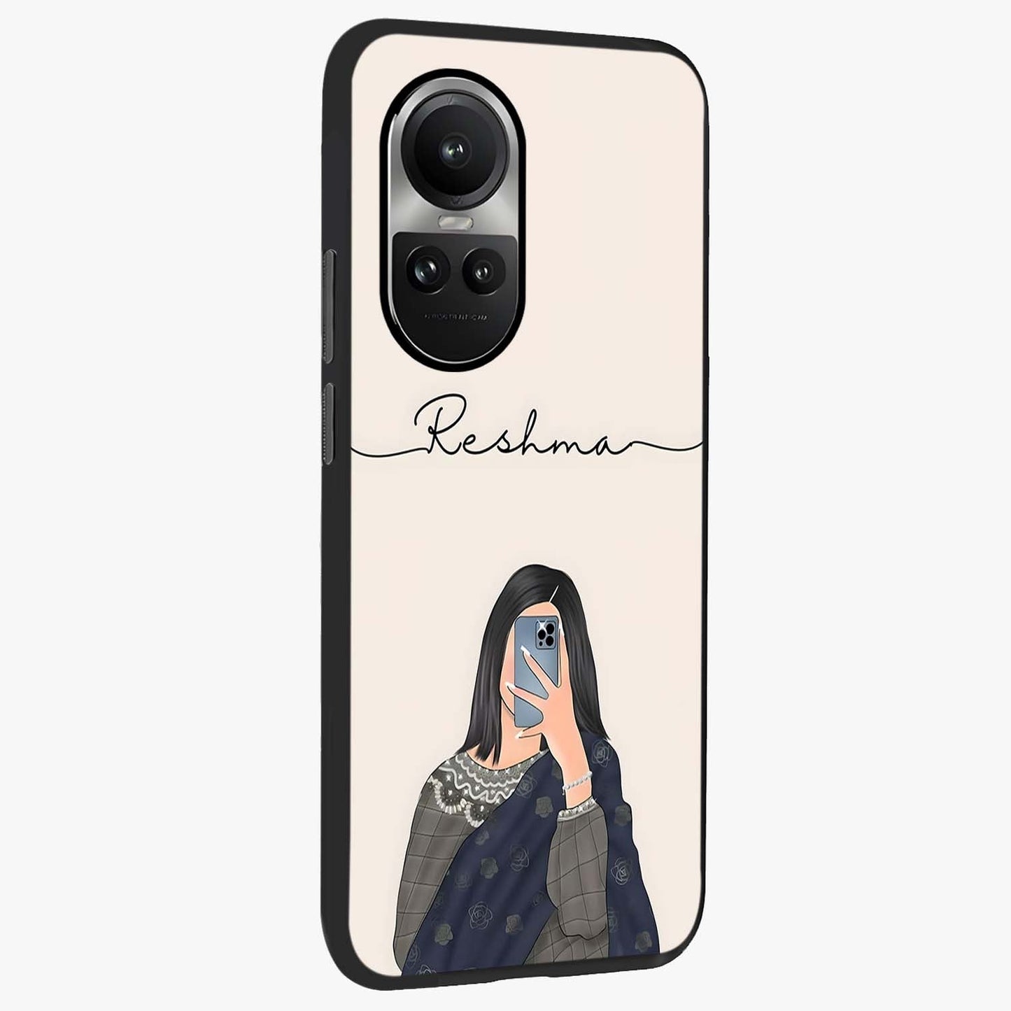 Mirror Mood Muse With Custom Name Glass Case upright view showcasing artistic mirror themed artwork with personalized aesthetic.