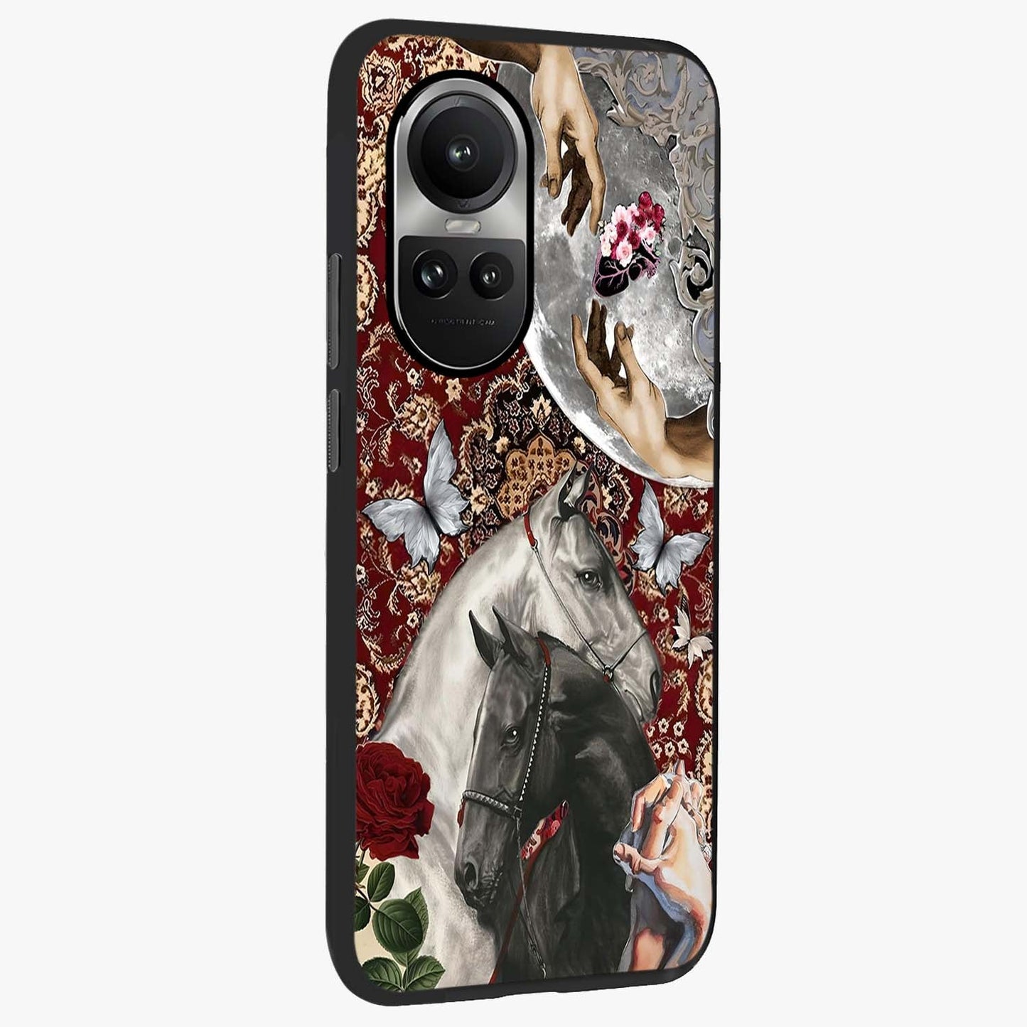 Moonlit Royal Stallion Glass Case upright view showcasing dramatic horse artwork with glowing moon themed design.
