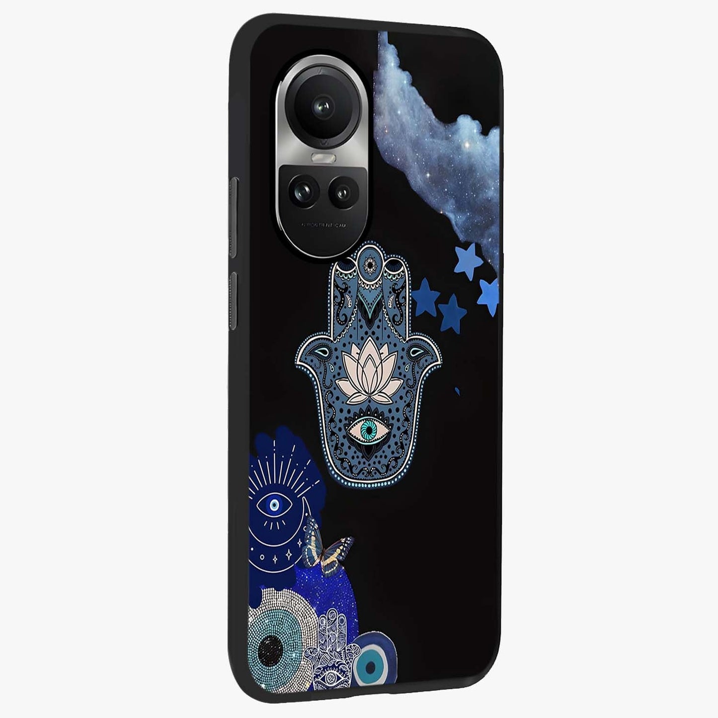 Mystic Hand Aura Glass Case upright view showcasing symbolic hand artwork with mystical energy theme.