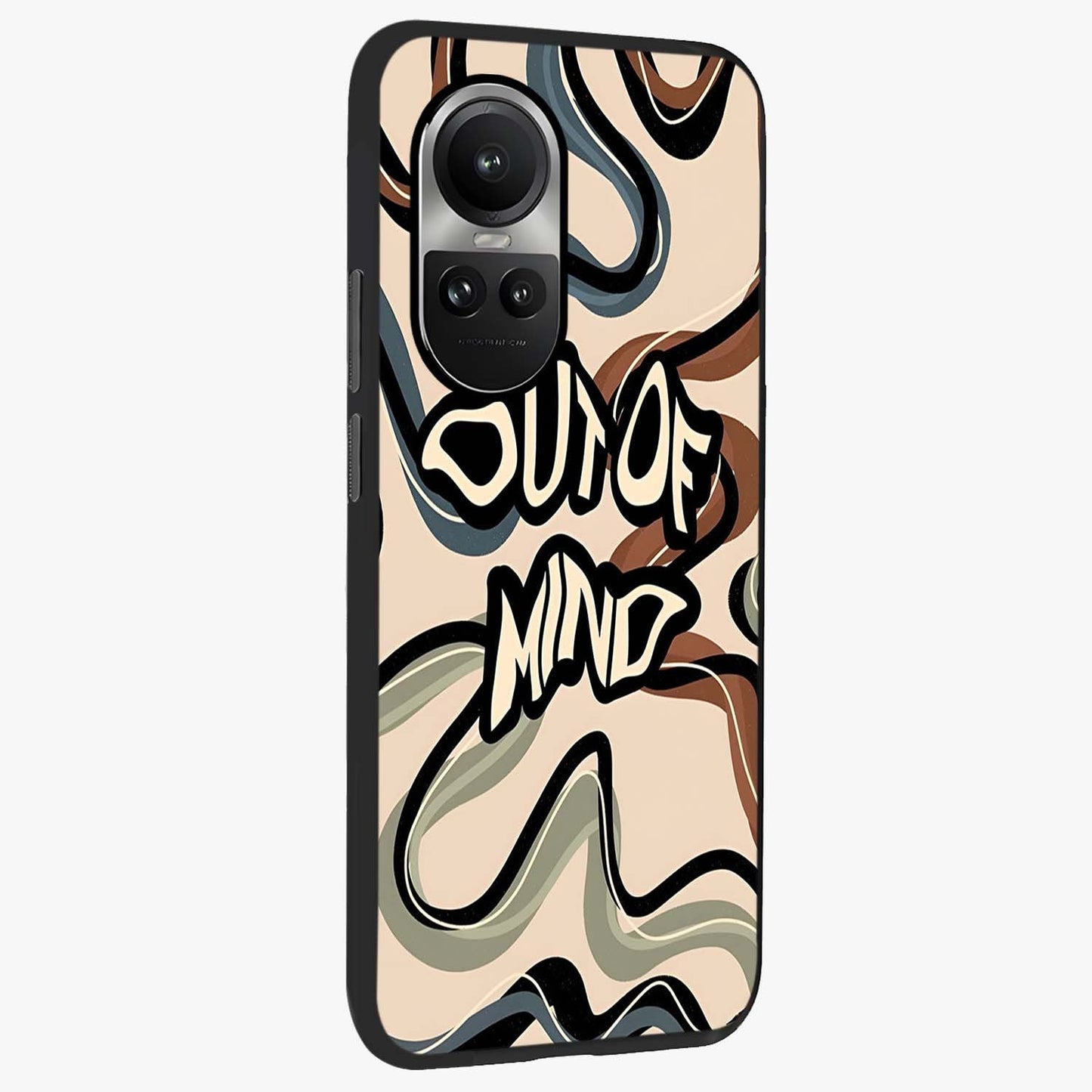 Out Of Mind Glass Case upright view showcasing striking typography artwork with edgy conceptual theme.