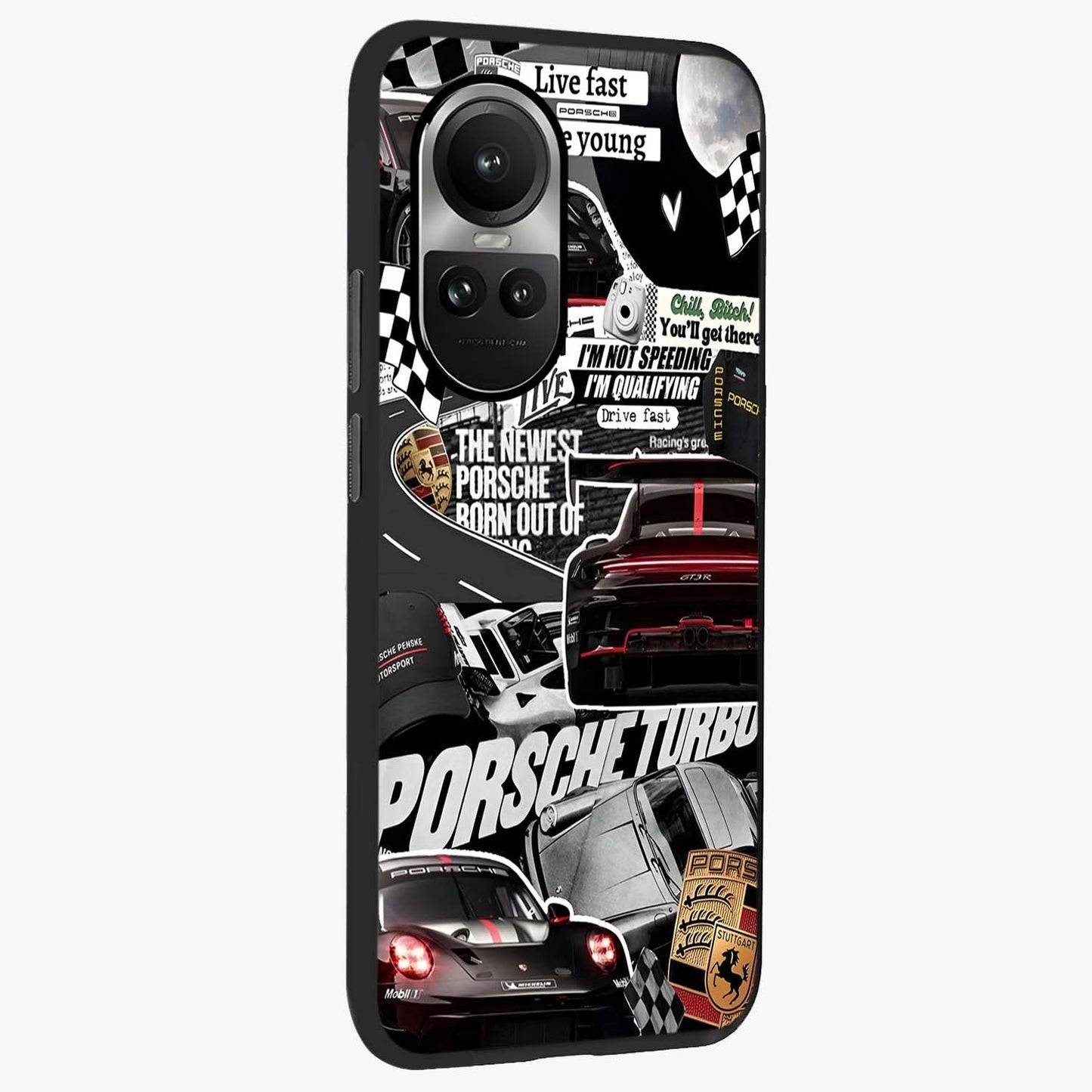 Porsche Racing Collage Glass Case upright view showcasing energetic car collage artwork with high speed racing theme.