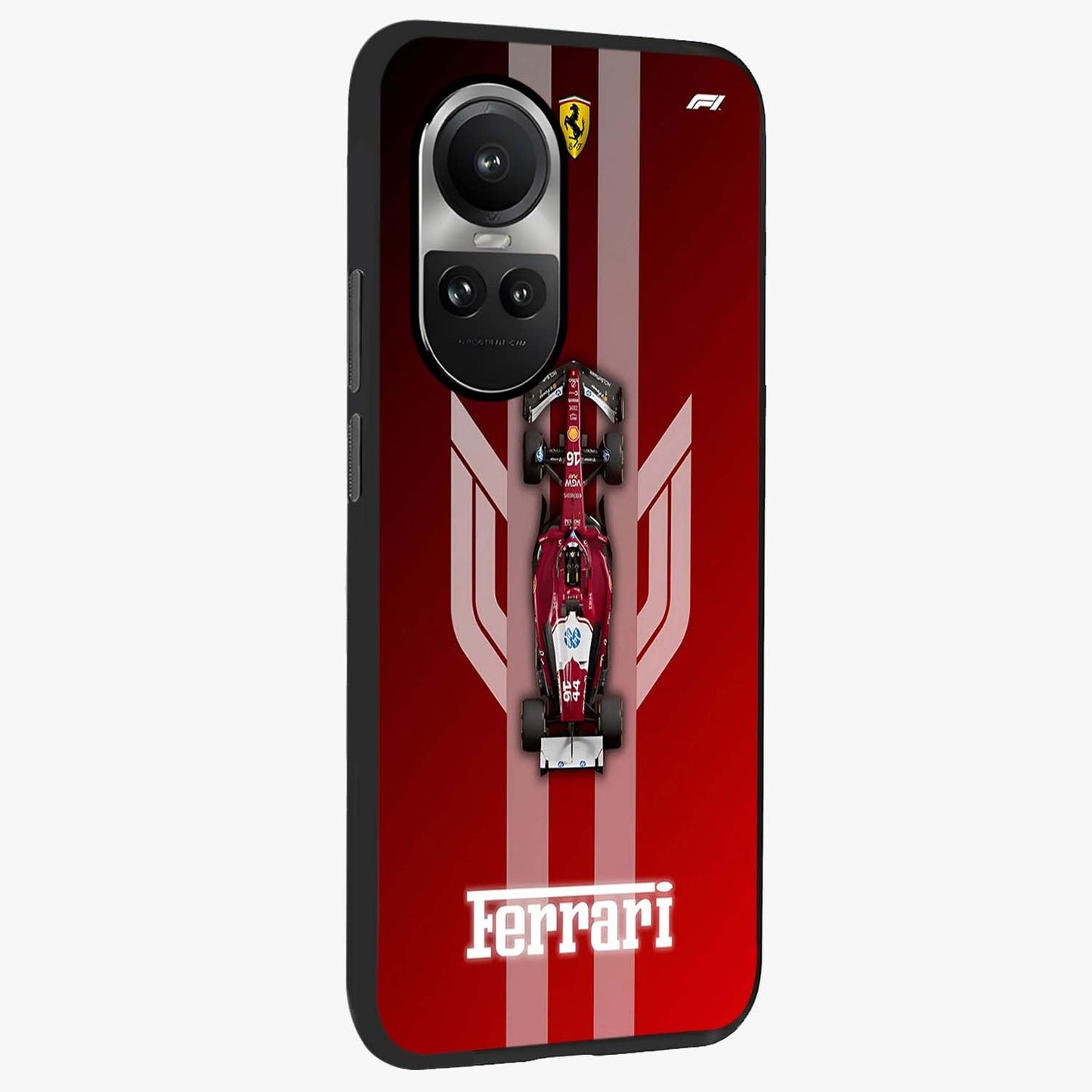 Red Ferrari F1 Vertical Glass Case upright view showcasing powerful Formula car artwork with dynamic motorsport theme.