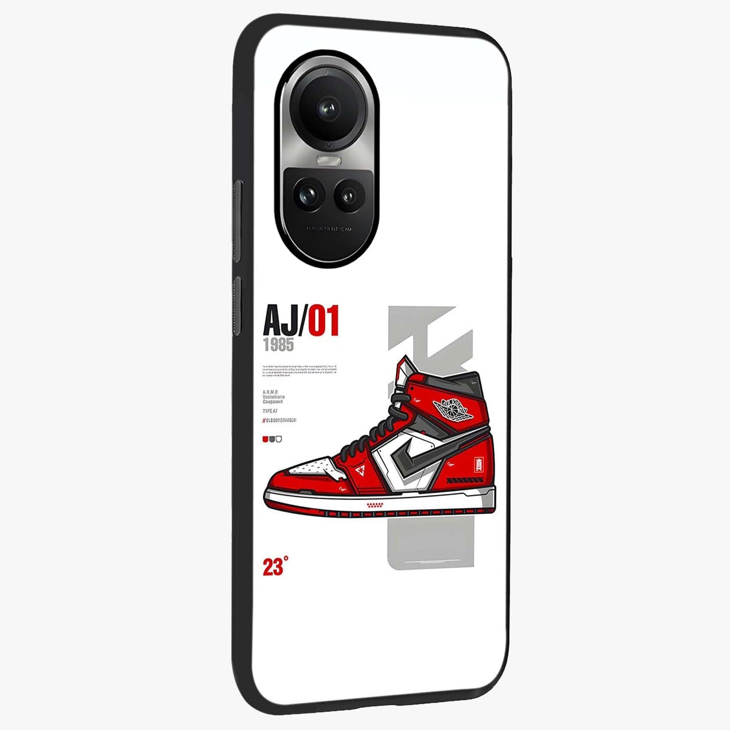Retro Sneaker Blueprint Glass Case upright view showcasing stylish sneaker illustration with vintage streetwear theme.