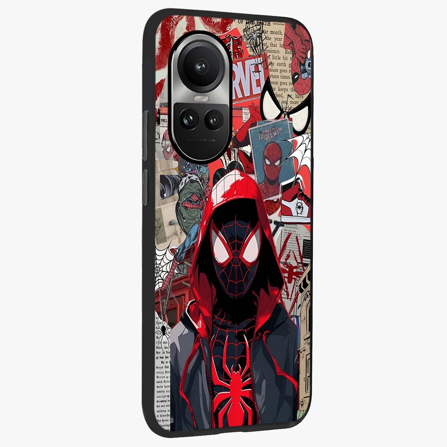 Spider Collage Street Glass Case upright view showcasing bold superhero artwork with urban street theme.