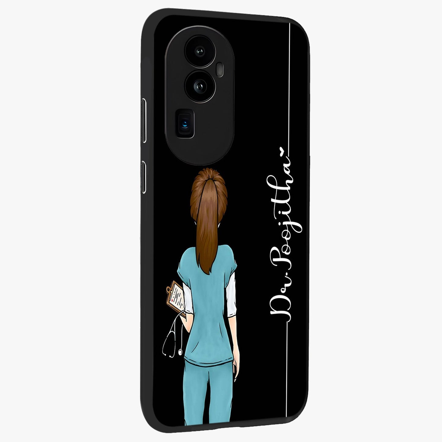 Doctor Pattern Custom Name Glass Case upright view showcasing healthcare themed design with personalized aesthetic.