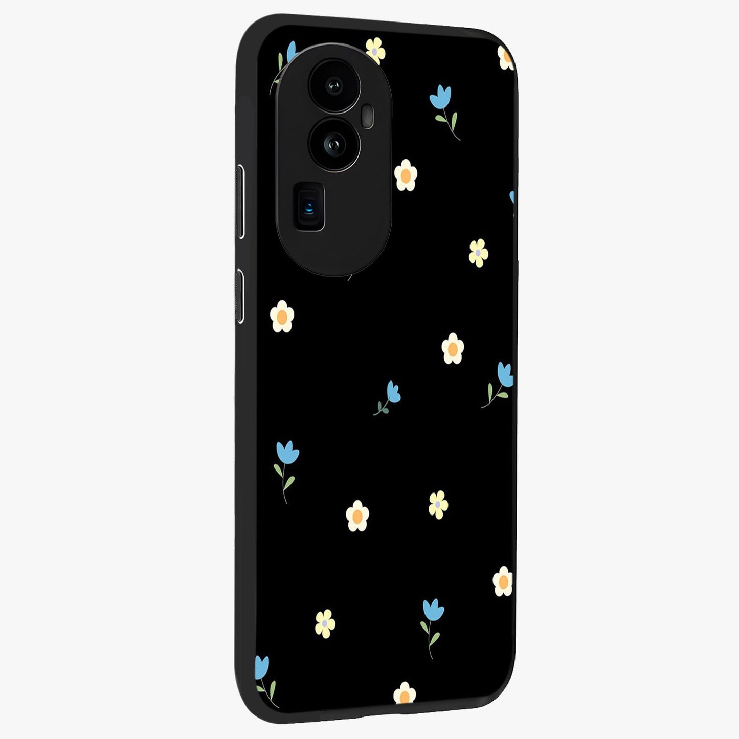Minimal Petal Whispers Glass Case upright view showcasing elegant floral artwork with modern minimalist style.