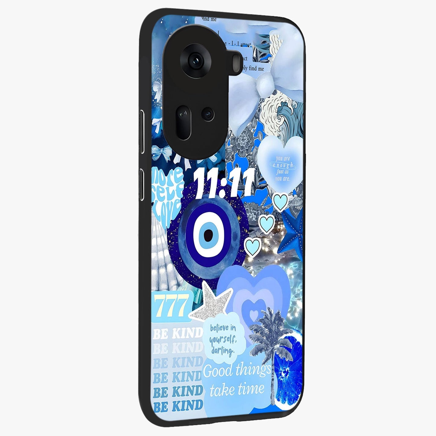 Aesthetic Be Kind Eye Glass Case upright view showcasing stylish eye illustration with positive message theme.
