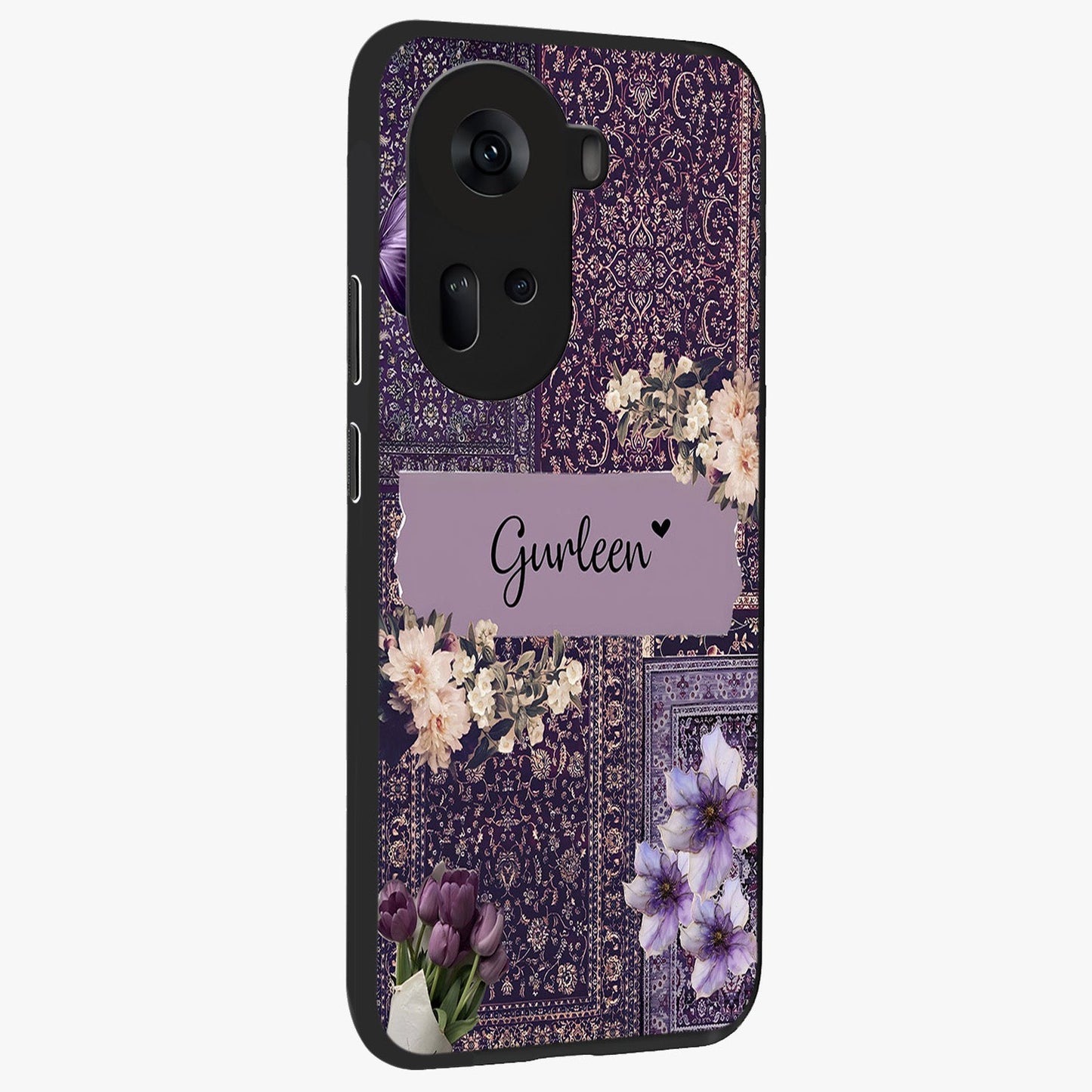 Antique Floral Whisper Custom Name Glass Case upright view showcasing delicate floral artwork with custom name feature.