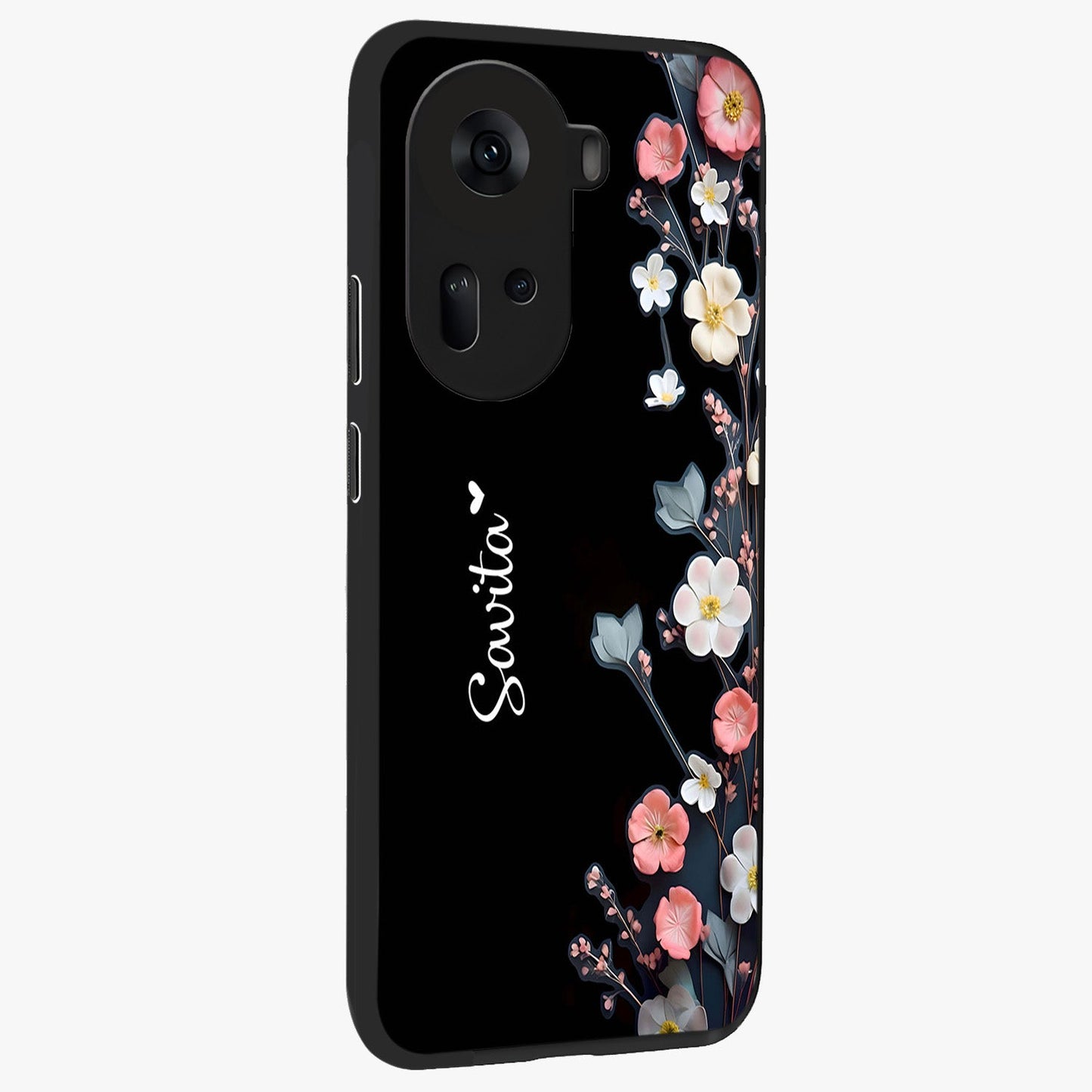 Black Elegance Floral Custom Name Glass Case upright view showcasing luxurious black floral design with personalized name detail.