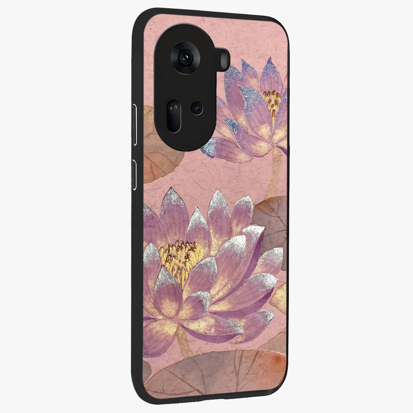 Blossom Mist Lotus Glass Case upright view showcasing graceful lotus flower design with peaceful botanical style.
