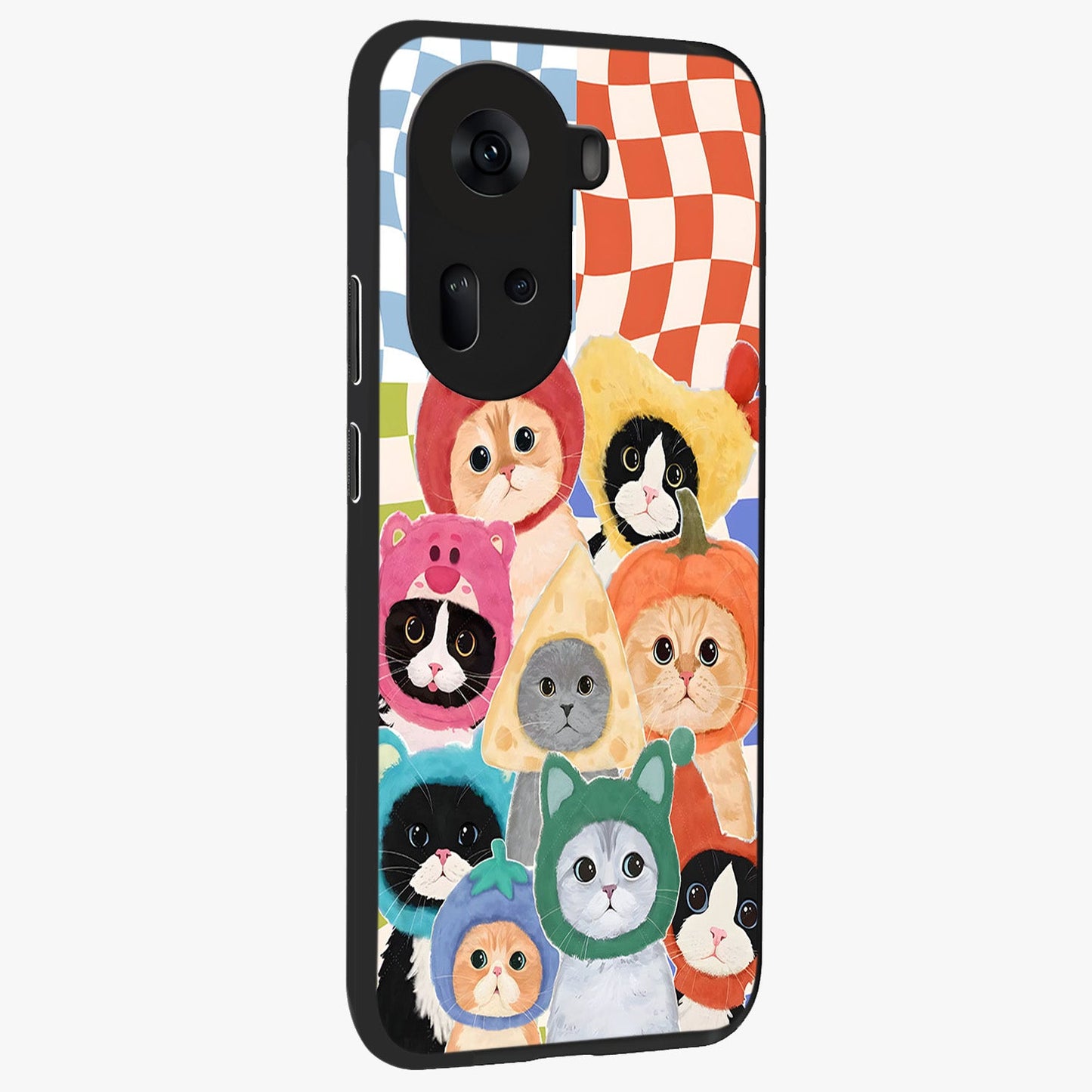 Cats in Fruits Glass Case upright view showcasing charming cat artwork with fun fruity theme.