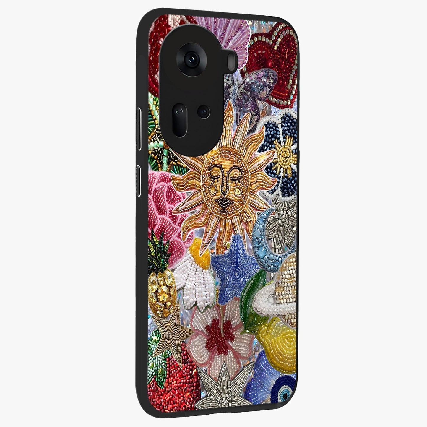 Celestial Floral and Playful Glass Case upright view showcasing whimsical floral artwork with cosmic aesthetic theme.