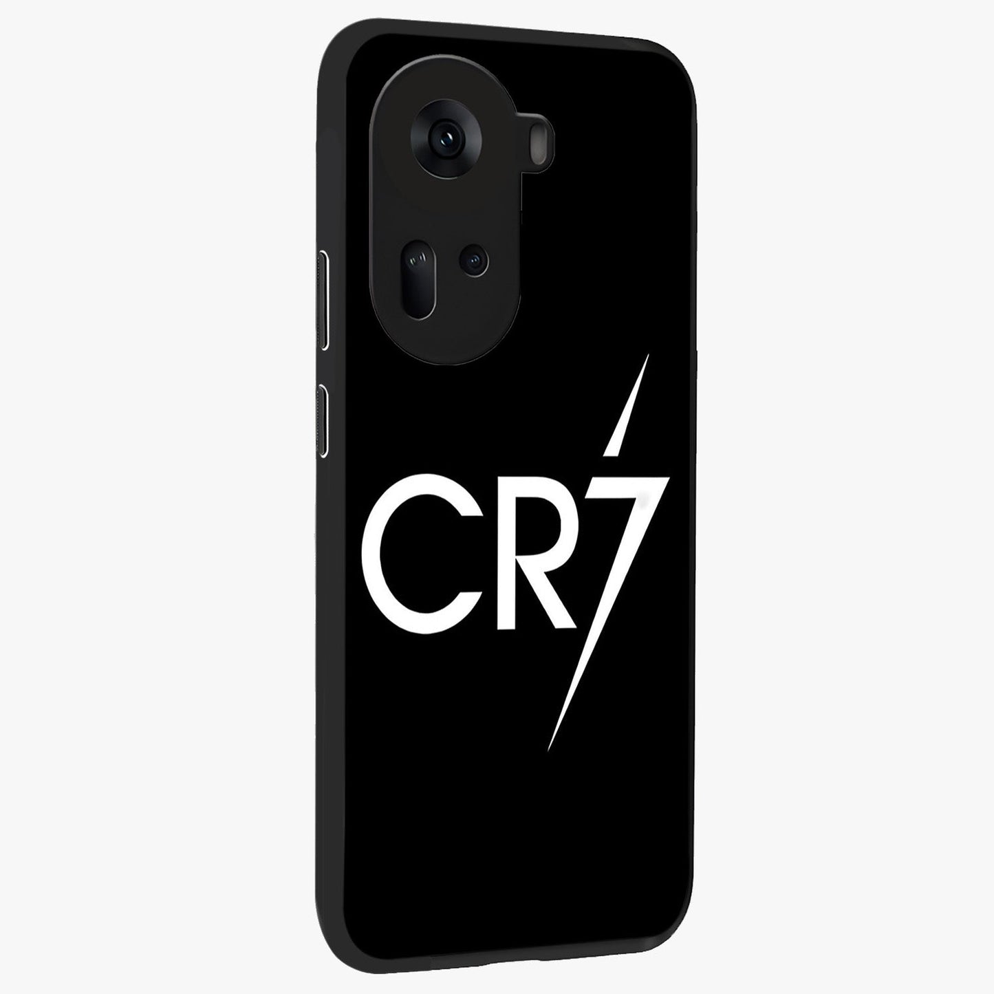 Cr7 Elite Strike Glass Case upright view showcasing energetic football inspired design with modern sports aesthetic.