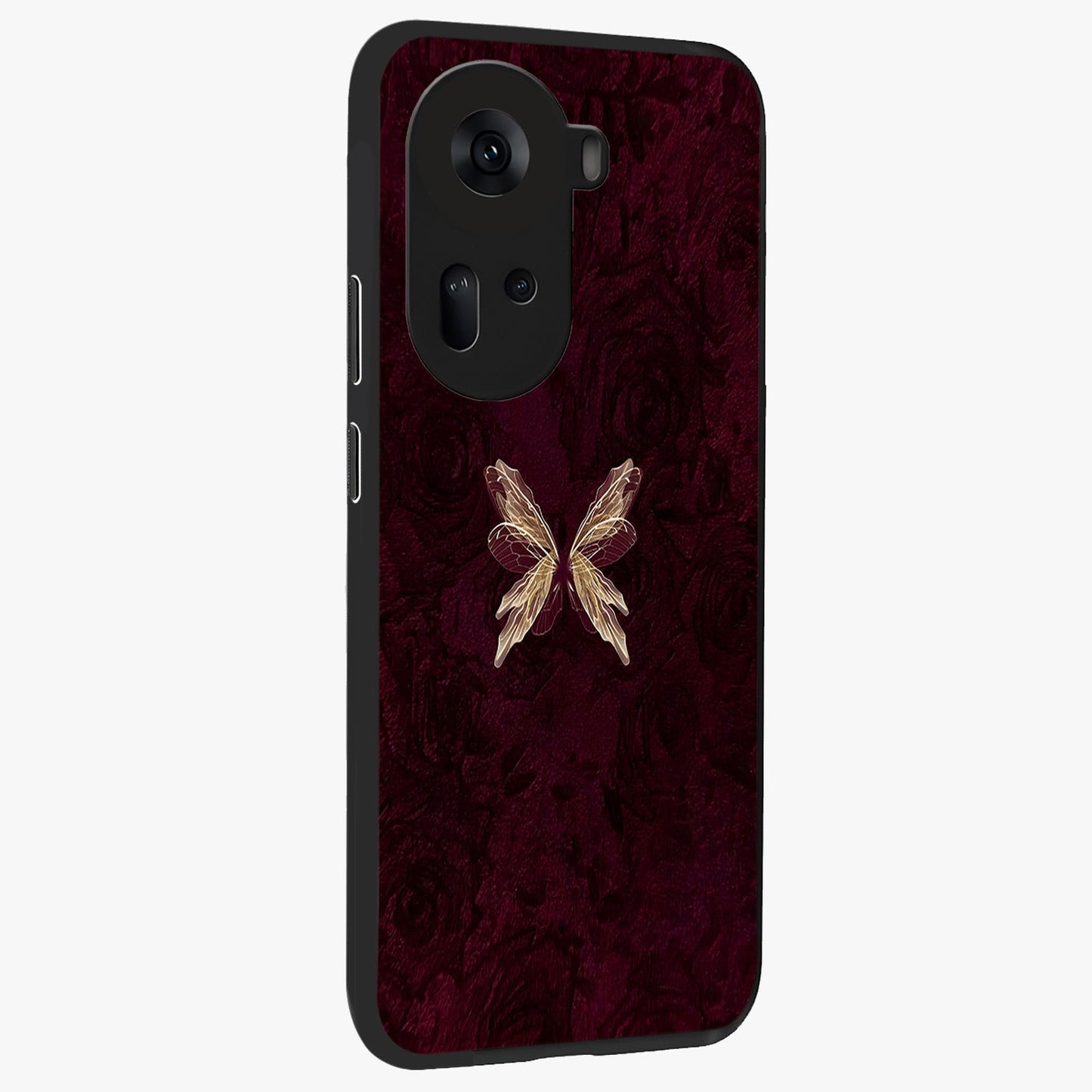 Crimson Fade Butterfly Glass Case upright view showcasing graceful butterfly artwork with soft crimson fade effect.