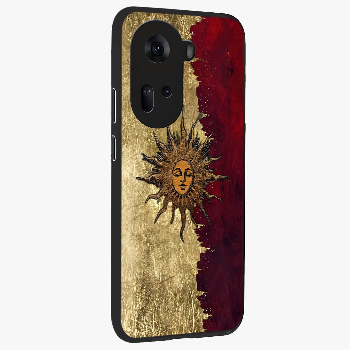 Crimson Sun Majesty Glass Case upright view showcasing vibrant sun artwork with powerful celestial theme.