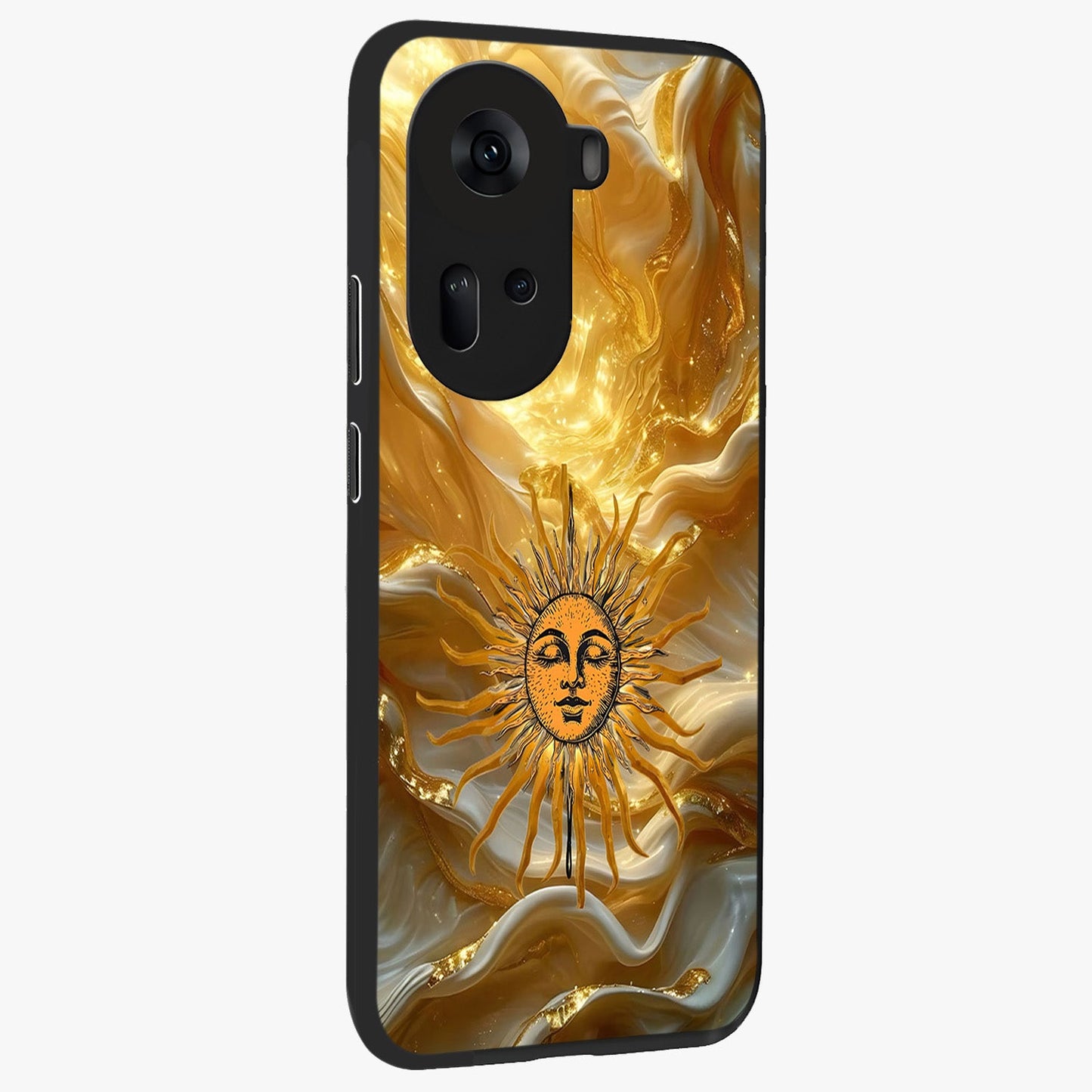 Eternal Golden Glow Glass Case upright view showcasing luminous golden artwork with luxurious visual theme.