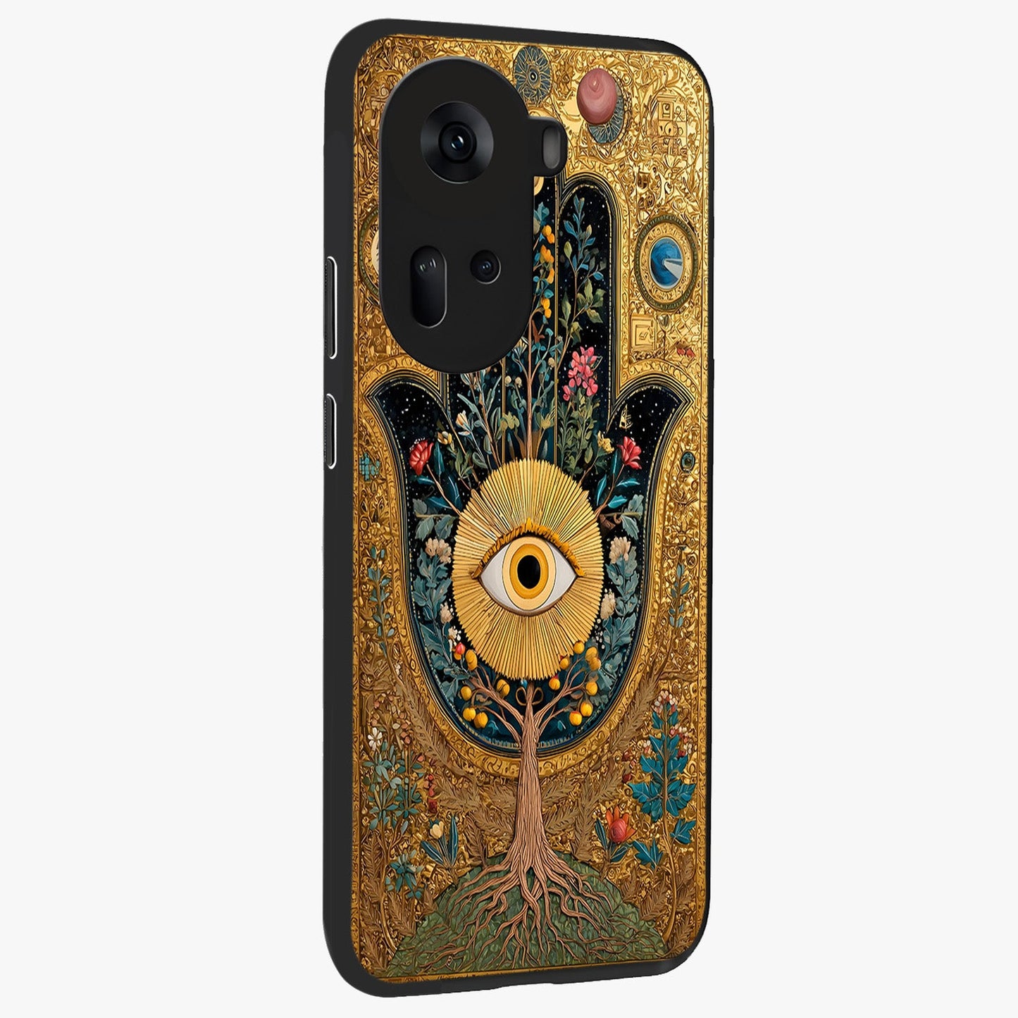 Ethereal Evil Eye Glass Case upright view showcasing celestial evil eye artwork with mystical theme.