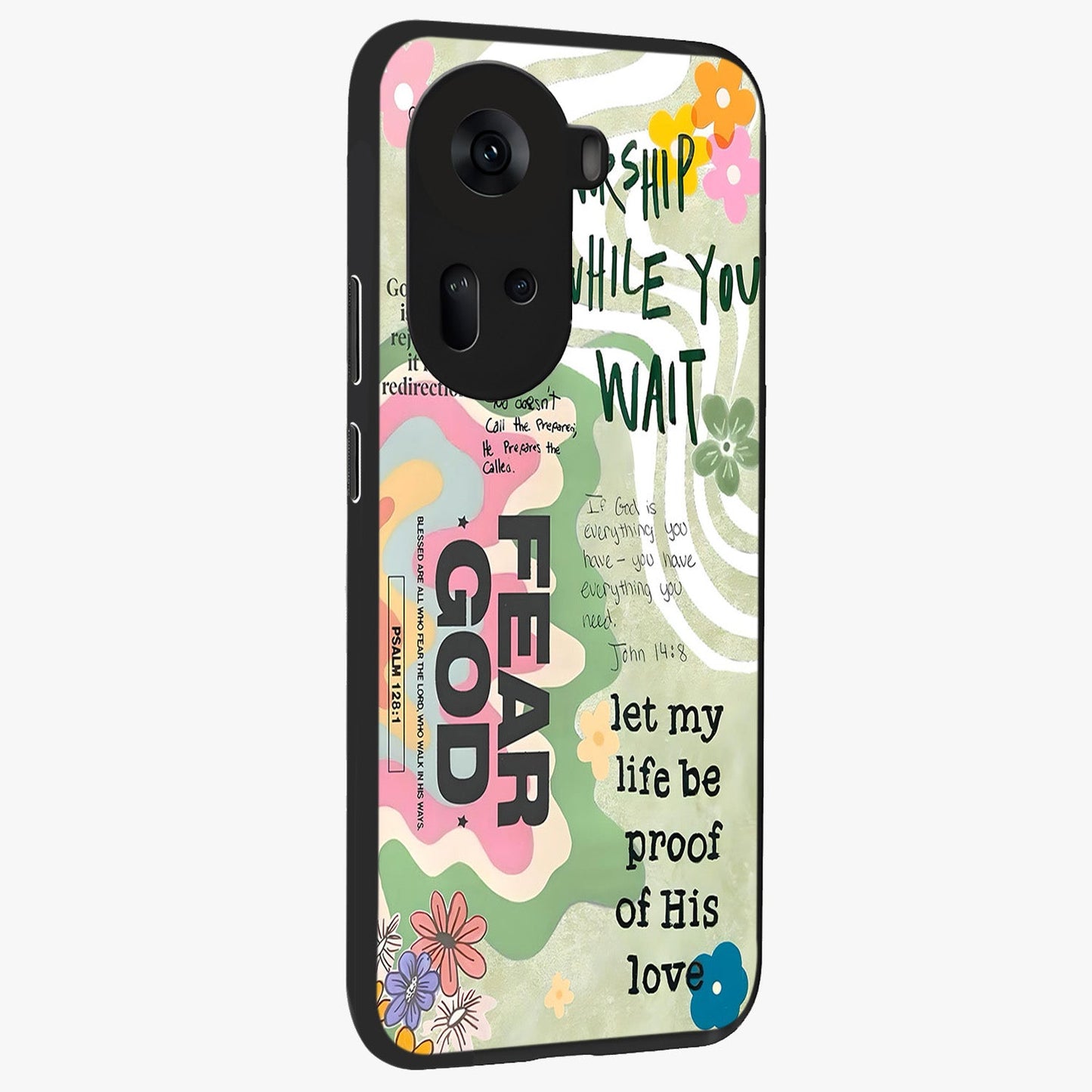 Faith Over Fear Glass Case upright view showcasing bold typography artwork with uplifting motivational theme.