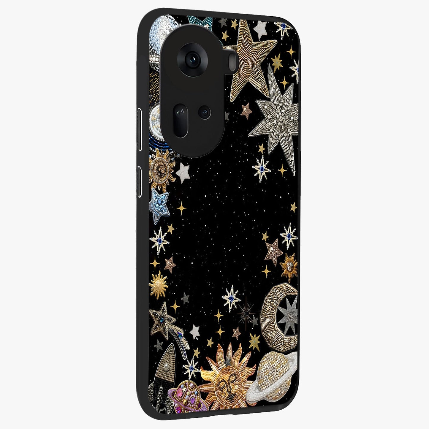 Galactic Jewel Stars Glass Case upright view showcasing glittering star jewel artwork with vibrant galaxy theme.