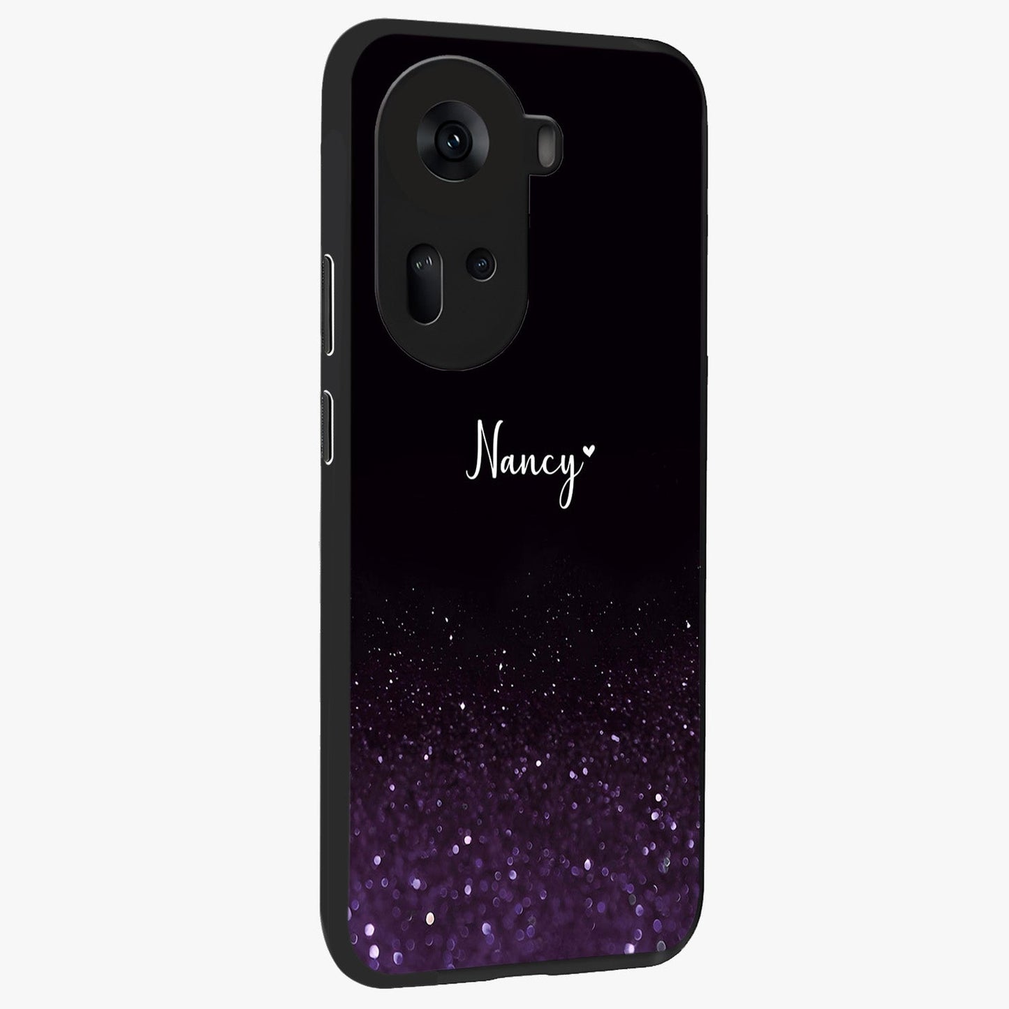 Glittery Purple Bokeh Custom Name Glass Case upright view showcasing vibrant purple sparkle artwork with personalized aesthetic style.