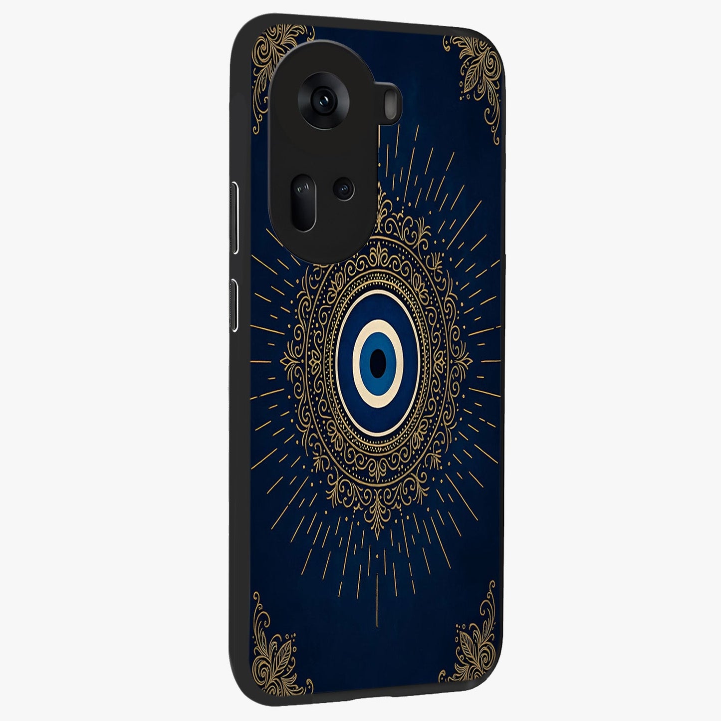 Golden Celestial Charm Glass Case upright view showcasing radiant celestial artwork with elegant golden theme.