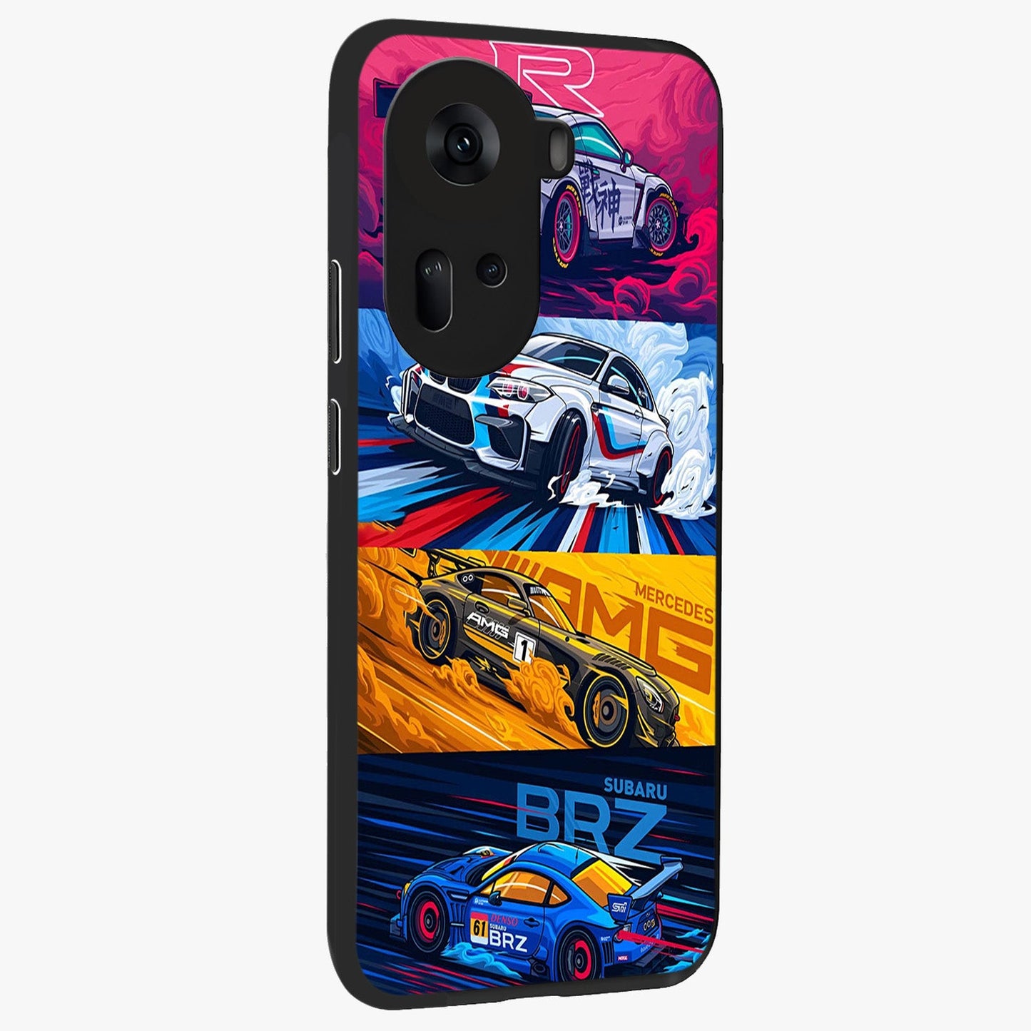 JDM Sports Car Glass Case upright view showcasing dynamic sports car artwork with bold racing theme.