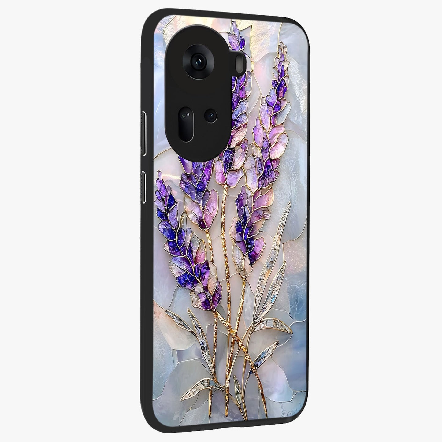 Lavender Dream Glow Glass Case upright view showcasing radiant lavender glow artwork with calming dreamy theme.