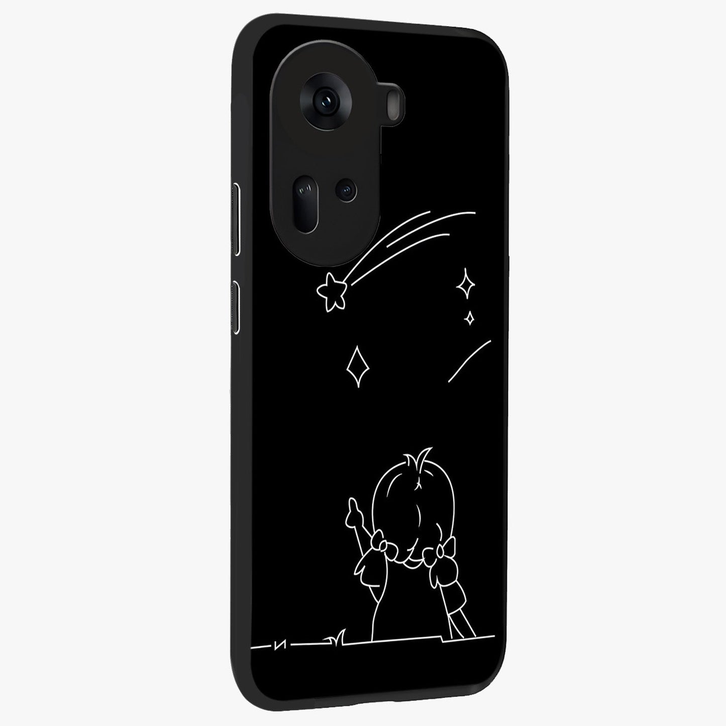 Line Art Girl With Shooting Stars Glass Case upright view showcasing delicate shooting stars artwork with minimal artistic theme.