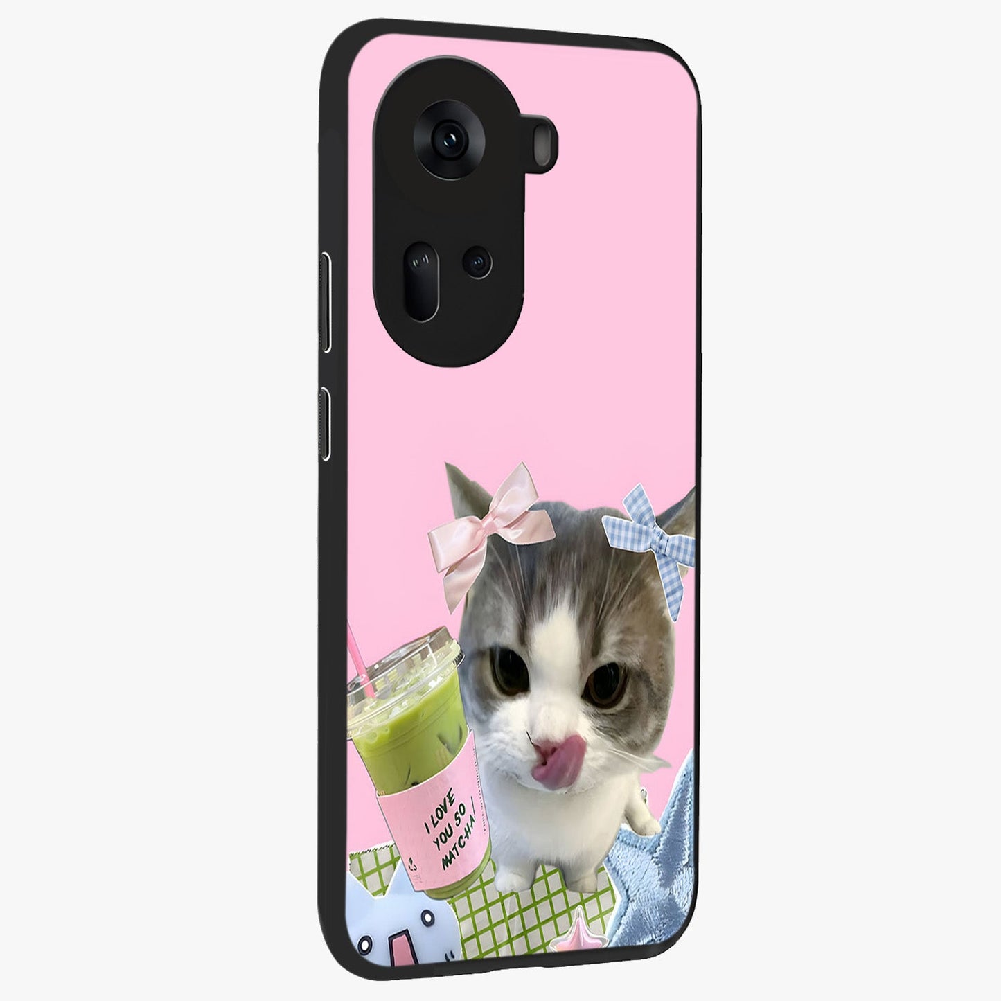 Love Matcha Cat Glass Case upright view showcasing adorable cat artwork with charming matcha themed design.