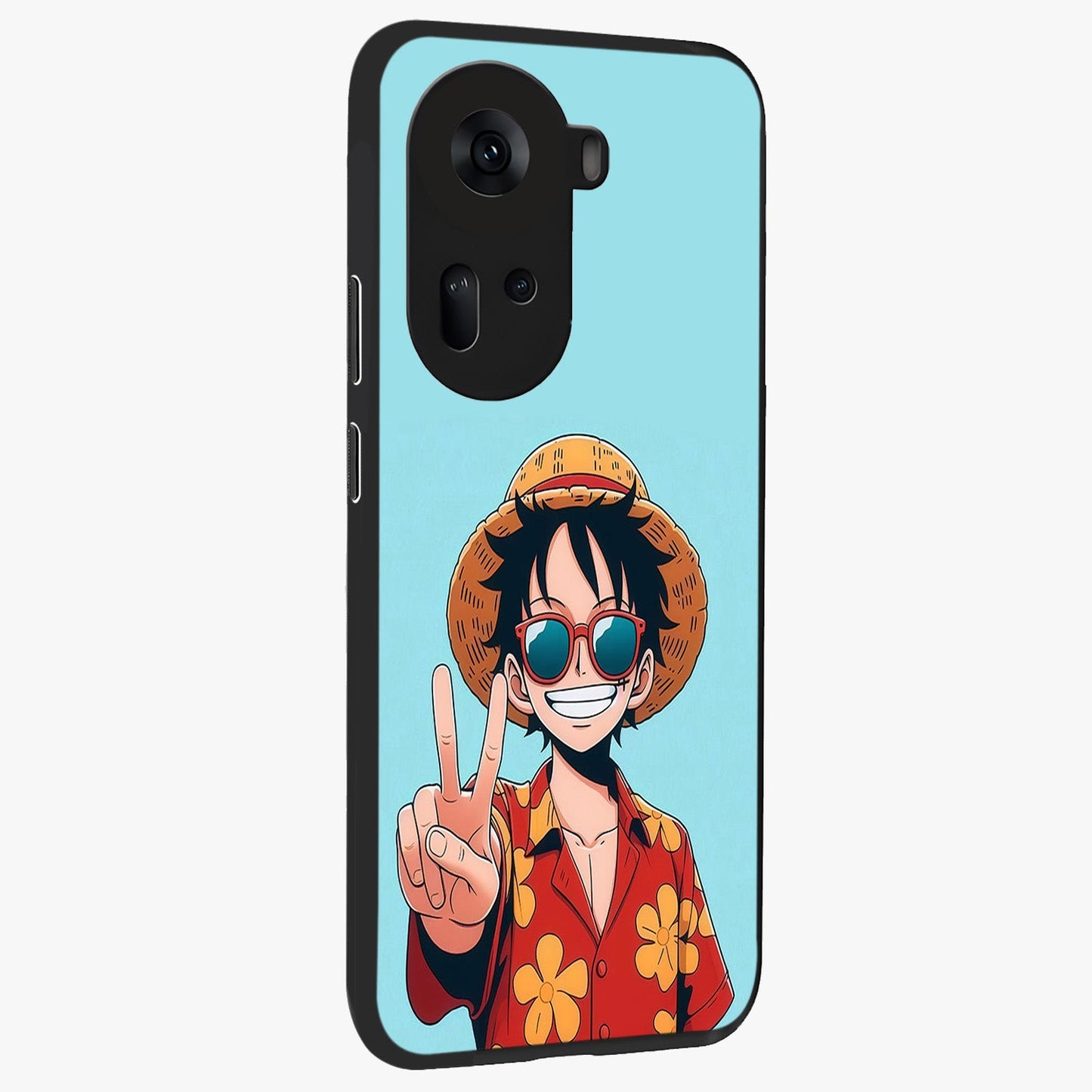 Luffy Summer Anime Vibe Glass Case upright view showcasing dynamic anime artwork with bright adventurous theme.