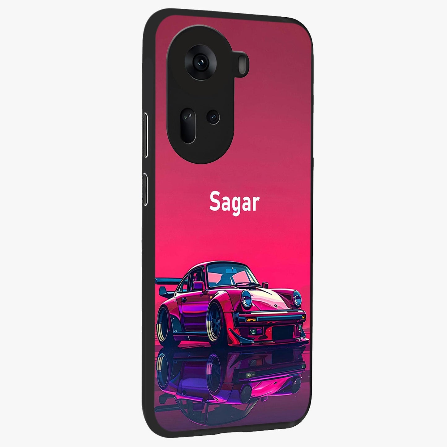 Neon Pink Porsche Glass Case upright view showcasing vibrant sports car artwork with bold automotive theme.