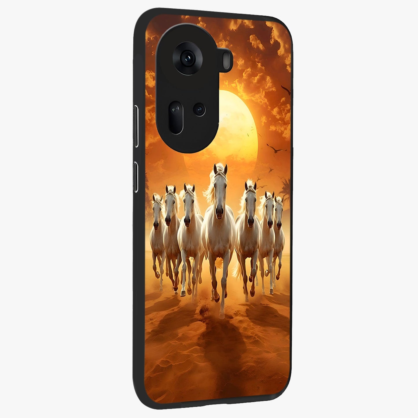 Wild Sunset Majesty Glass Case upright view showcasing dramatic sunset artwork with bold nature theme.