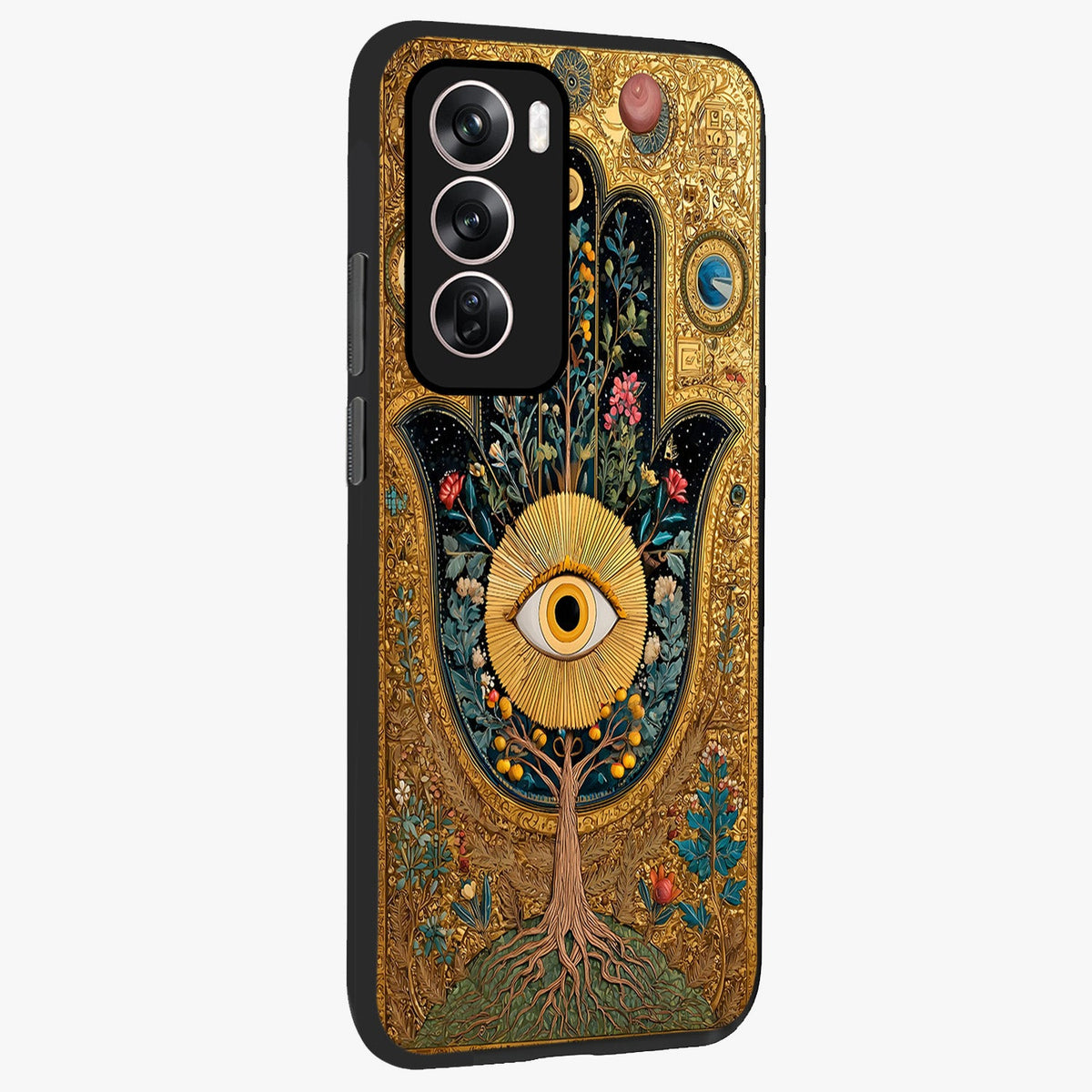 Ethereal Evil Eye Glass Case upright view showcasing celestial evil eye artwork with mystical theme.
