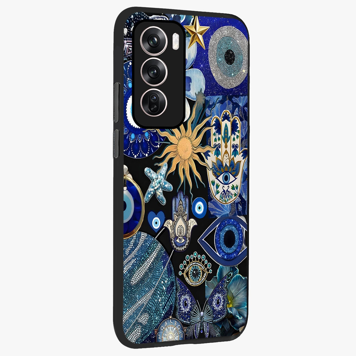 Evil Eye Charm Mix Glass Case upright view showcasing mystical evil eye pattern with vibrant decorative style.