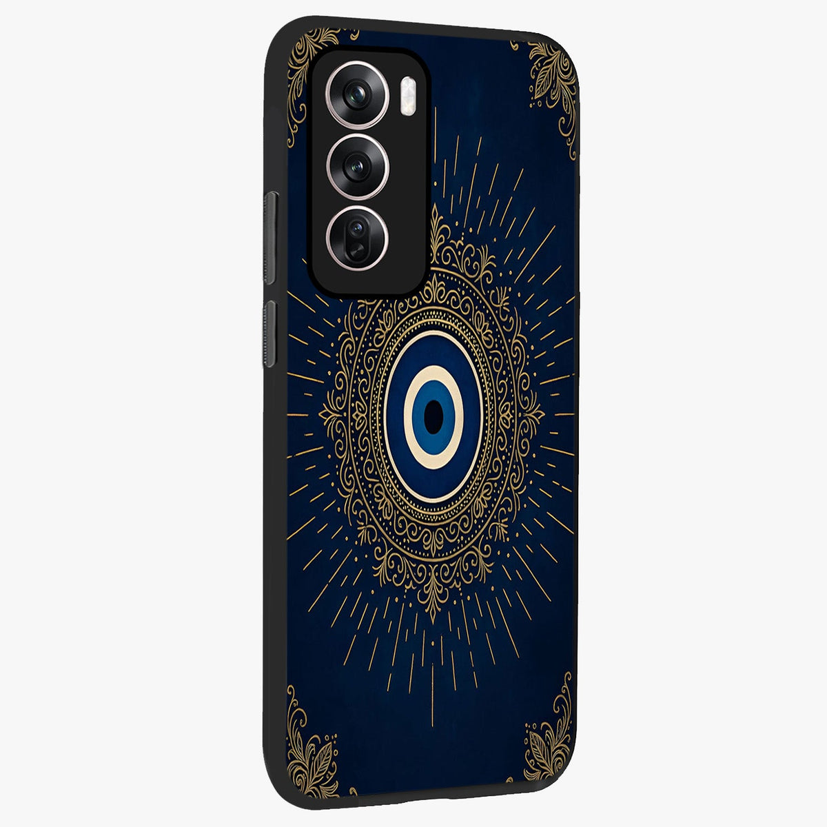 Golden Celestial Charm Glass Case upright view showcasing radiant celestial artwork with elegant golden theme.
