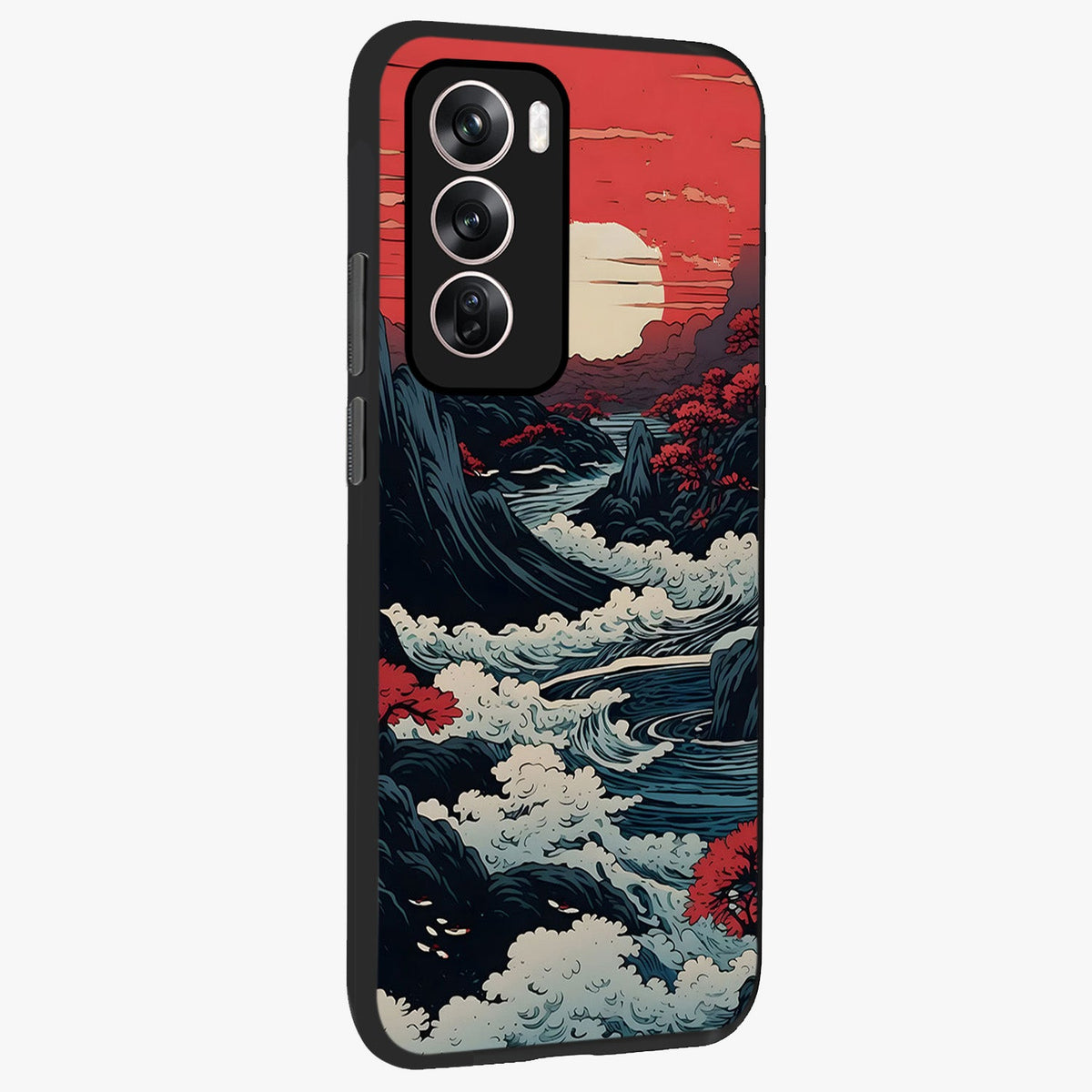 Red Sunset Scenery Glass Case upright view showcasing dramatic sunset scenery artwork with warm nature theme.