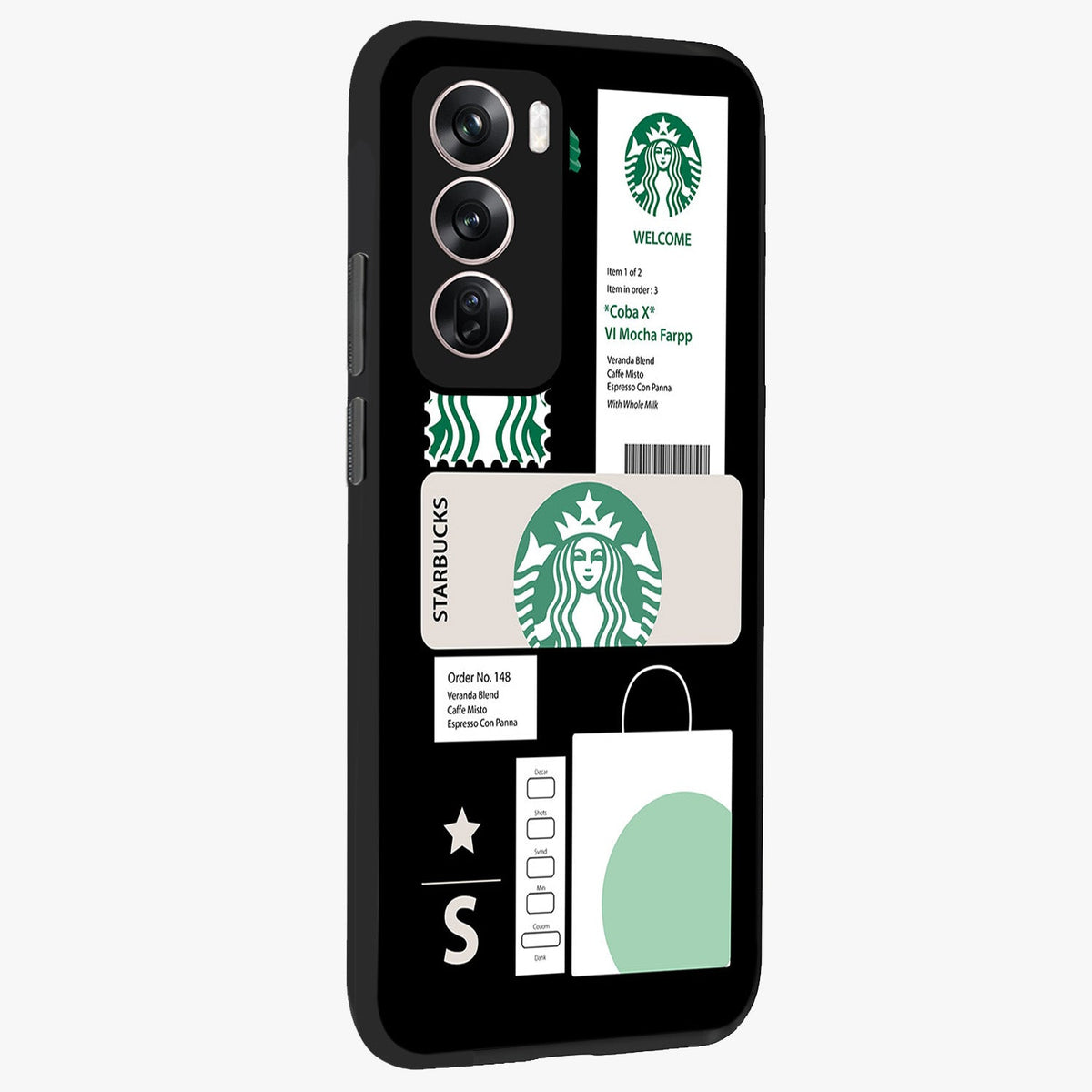 Starbucks Mocha Glass Case upright view showcasing trendy coffee inspired artwork with modern lifestyle theme.
