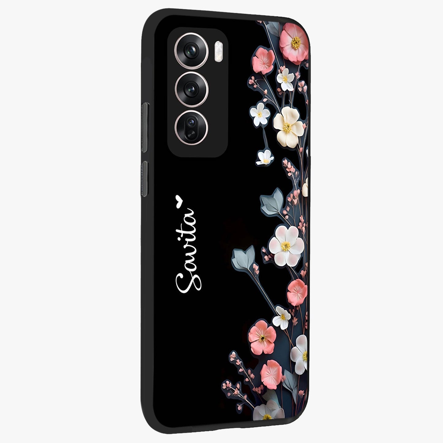 Black Elegance Floral Custom Name Glass Case upright view showcasing luxurious black floral design with personalized name detail.