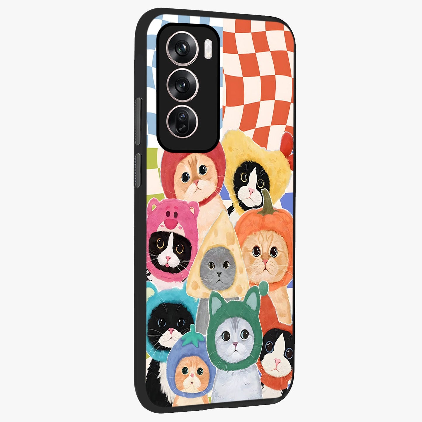 Cats in Fruits Glass Case upright view showcasing charming cat artwork with fun fruity theme.